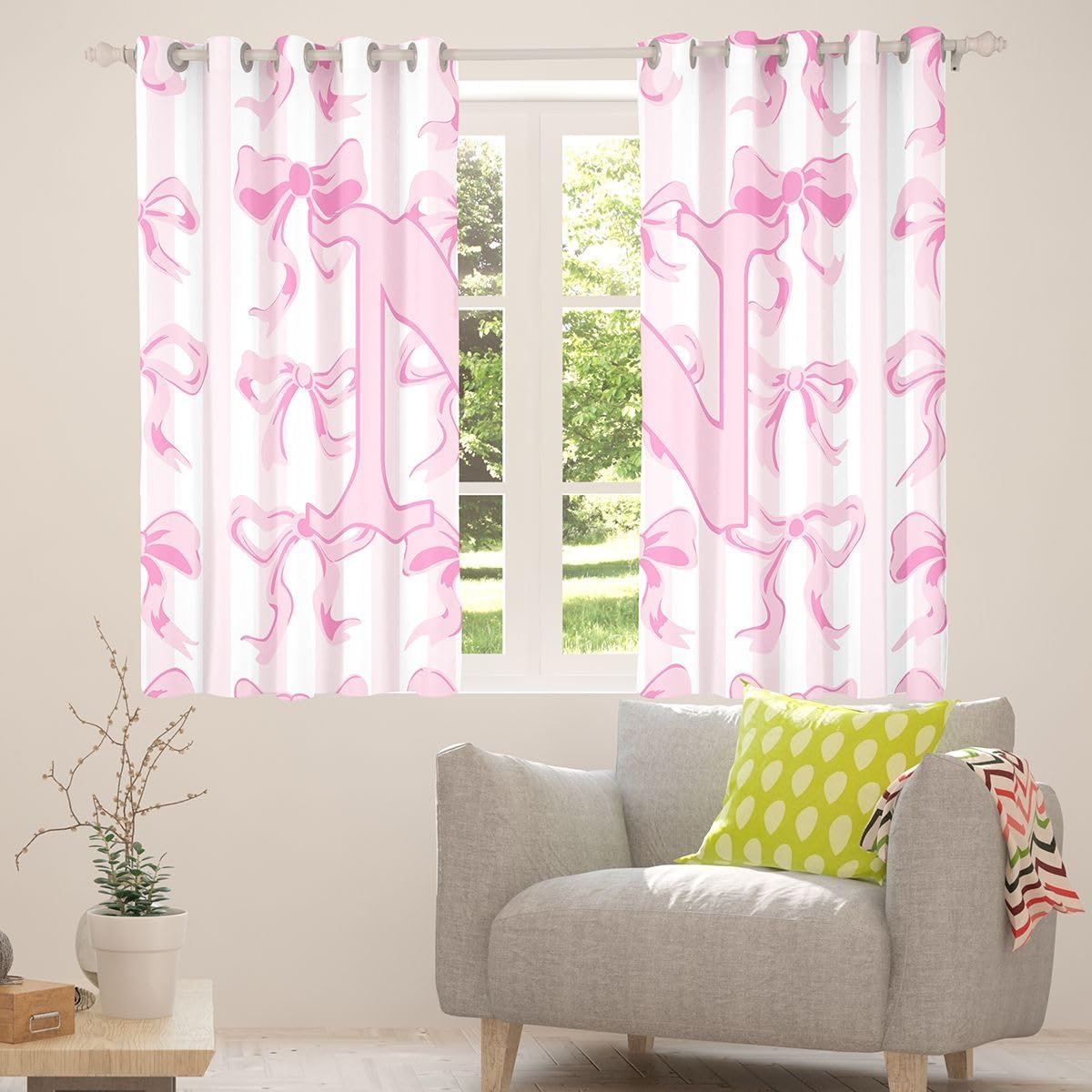 Feelyou Bow Curtains for Bedroom Living Room Pink and White Bow Blackout Darkening Drapes Bowknot Window Treatments, 2 Panels 38 x 45 Inch Kawaii Room Decor Personalized Initial N image 4