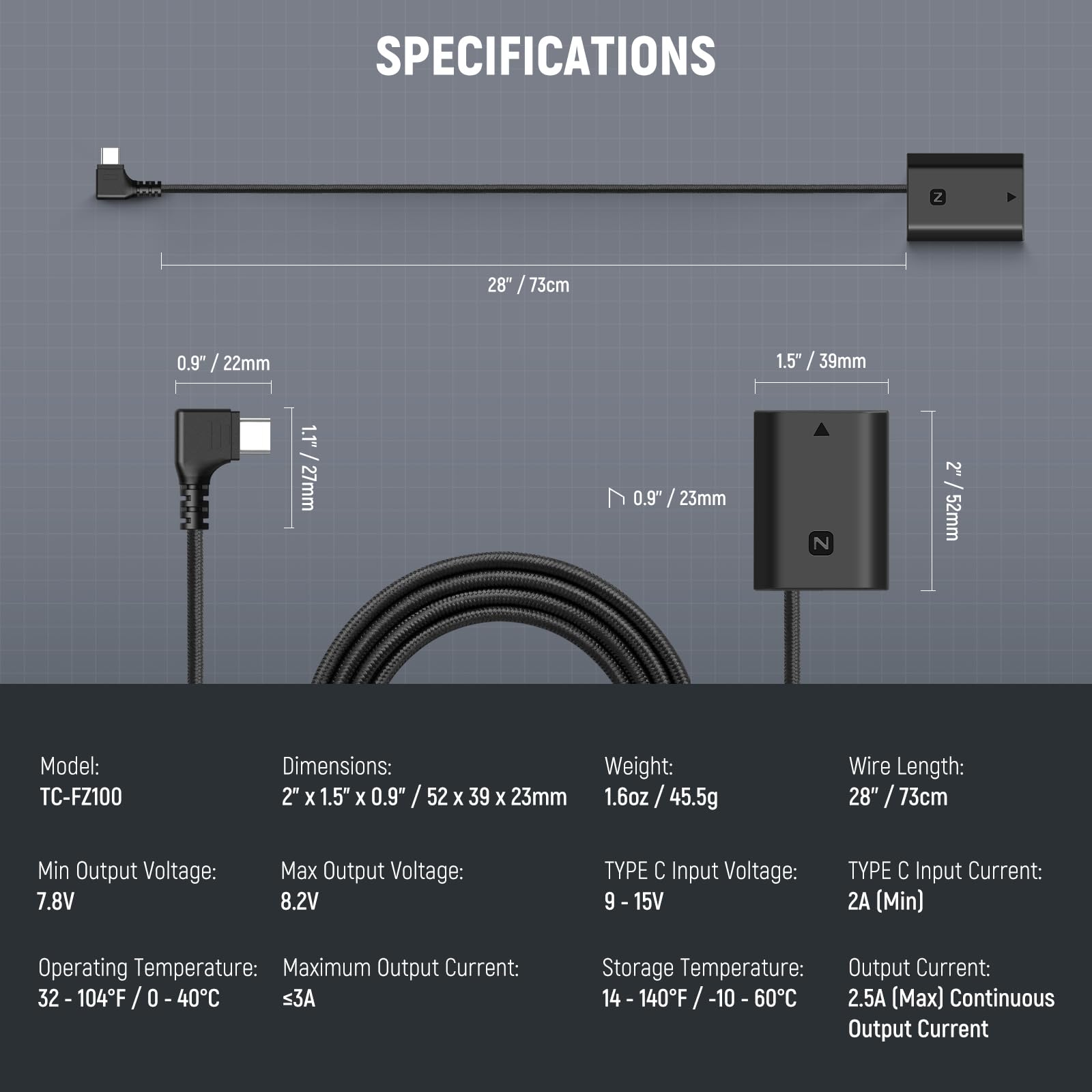 NEEWER USB C a NP-FZ100 Dummy Batería 8,2V Salida, Reemplaza Batería NP-FZ100, Compatible con Sony FX3 FX30 ZV-E1 A1 A6600 A6700 A7III A7IV A7C A7CII A7CR A7RIII A7RIV A7RV A7SIII A9 A9II, TC-FZ100