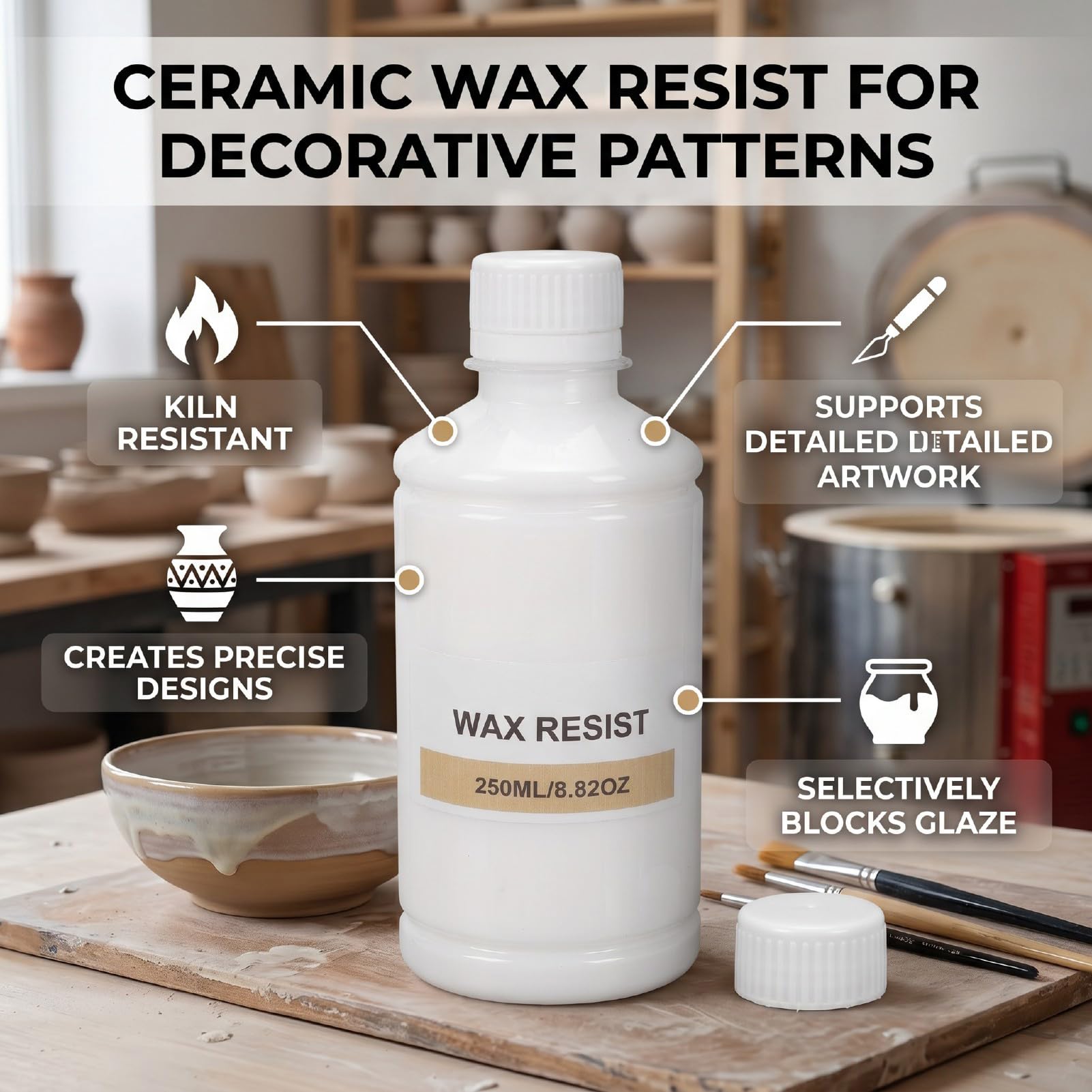 Karlak Cera de Cerámica Resistente, Cera de Esmalte Arcilla Resistente a Altas Temperaturas para Pintura y Patrones Cerámica, 250 Ml
