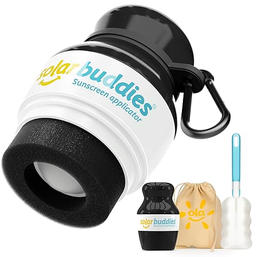 Solar Buddies Paquete de viaje Grab & Go, clip de carabina y cepillo de limpieza, protector solar de esponja recargable, aplicador de crema solar y