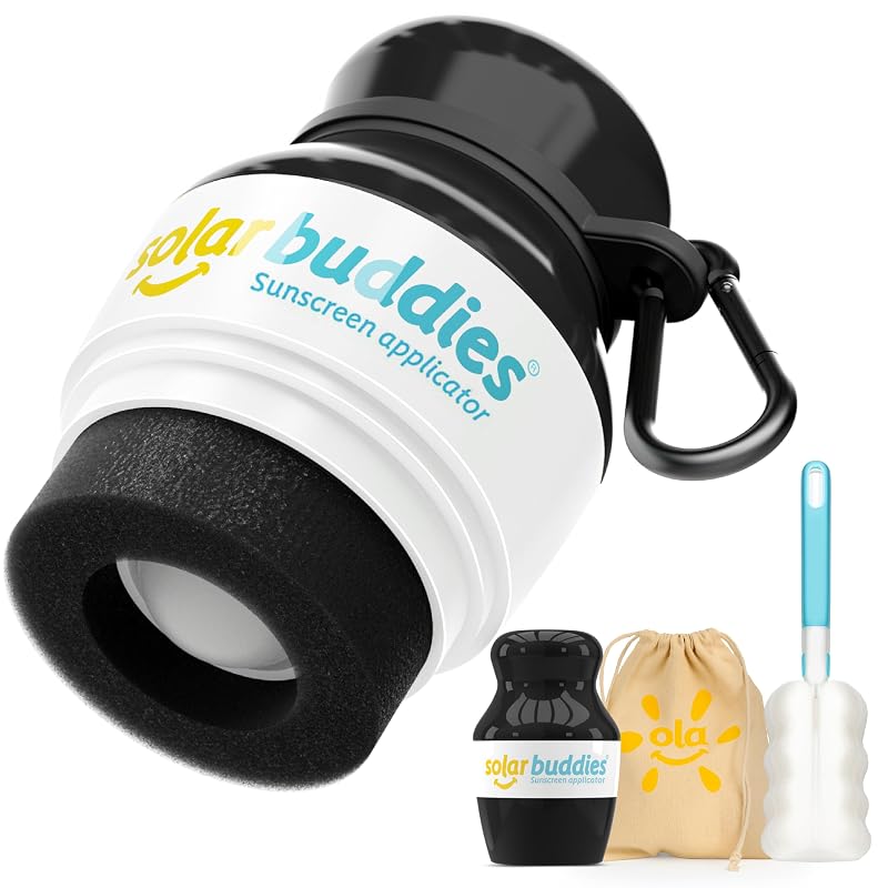 Solar Buddies Grab & Go Full Black com clipe de mosquetão e escova de limpeza, aplicador recarregável para loção, 100 mL