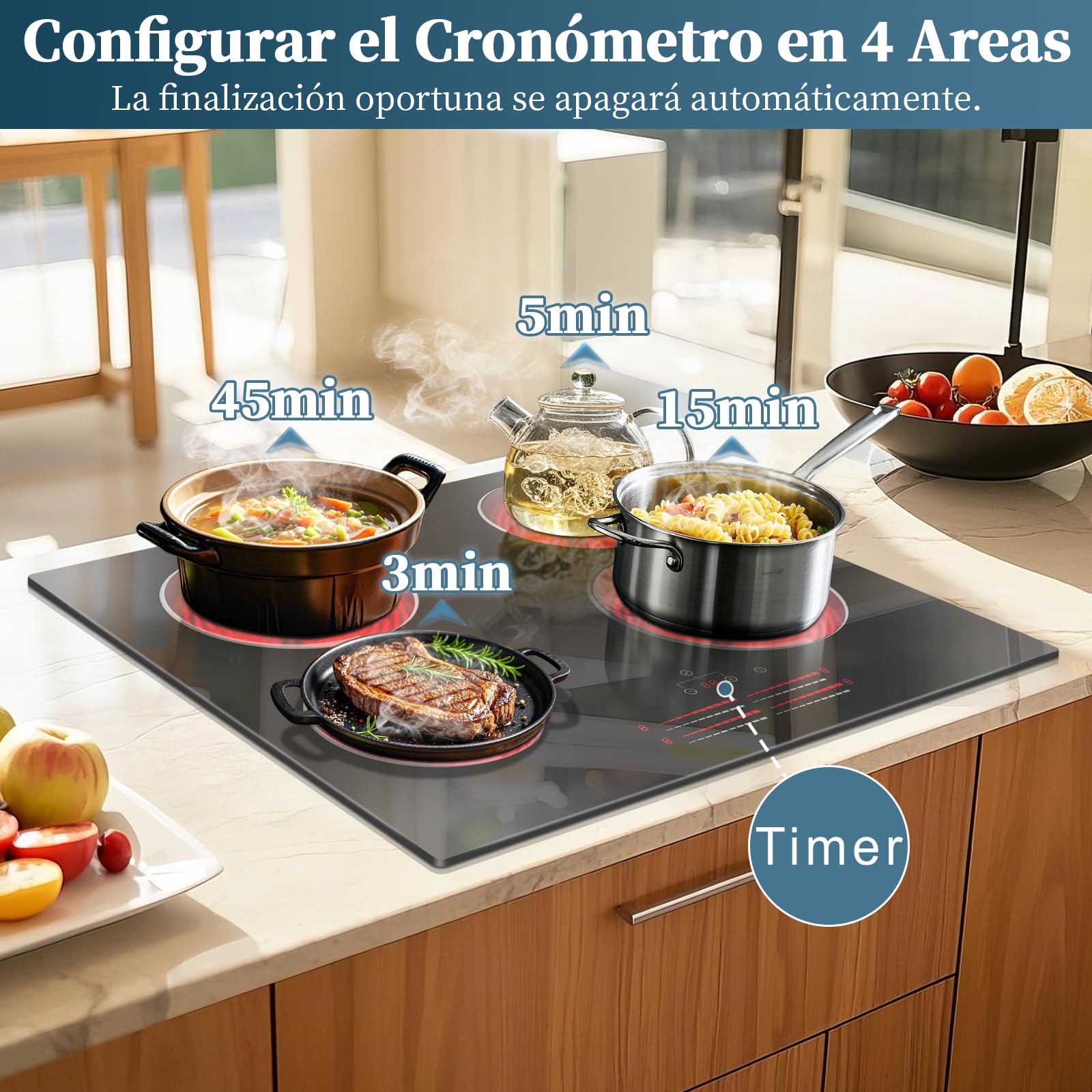 Placa Vitroceramica 4 Fuegos 60 cm Jessier, Control Deslizante, Placa Electrica Cocina 9 Niveles de Potencia, Temporizador, Bloqueo de Seguridad, 220V~240V, 6000W