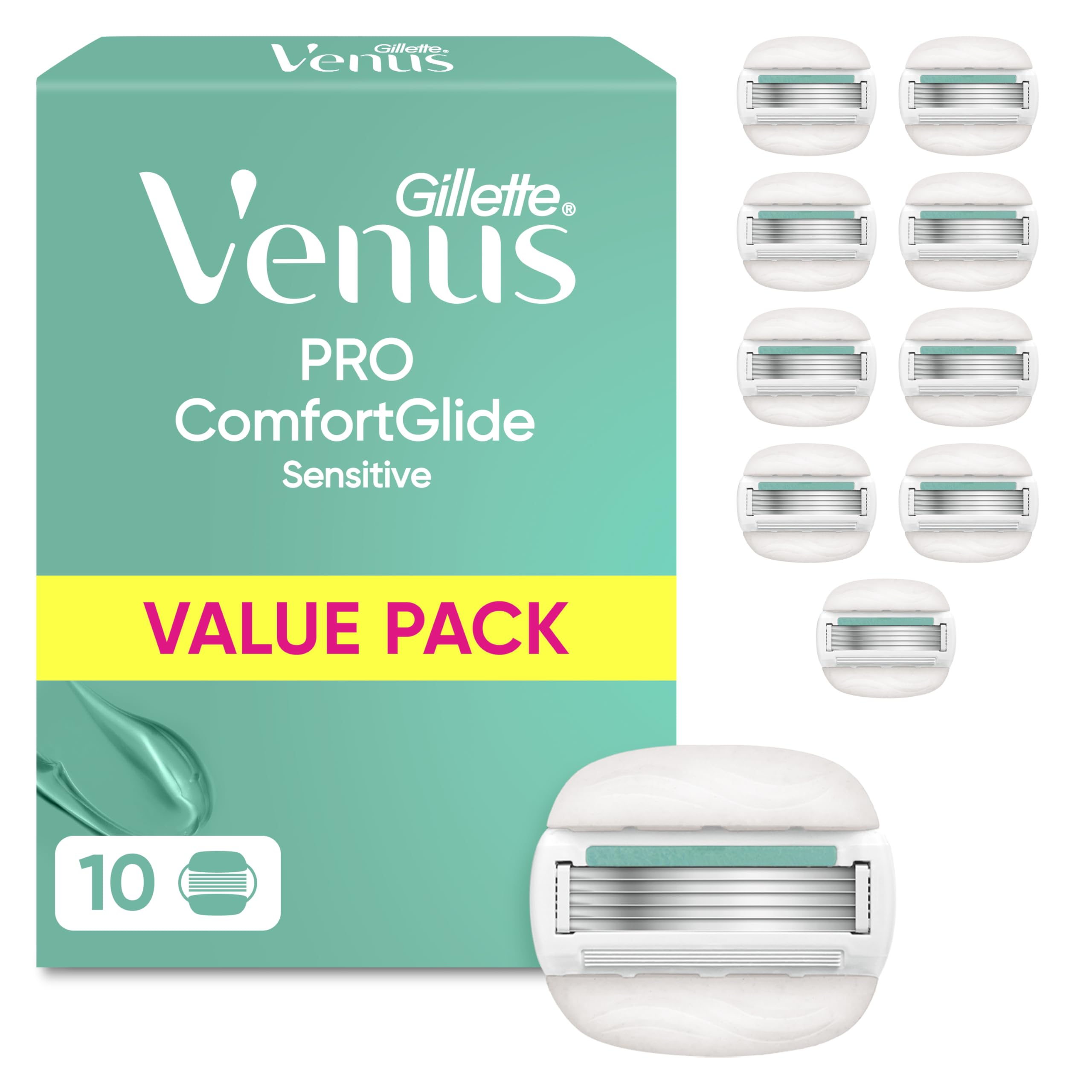 Gillette Venus Pro Comfortglide Sensitive Rasierklingen Damen, 10 Original Ersatzklingen für Damenrasierer, Damenrasierklingen mit Einem Hauch von Aloe Vera
