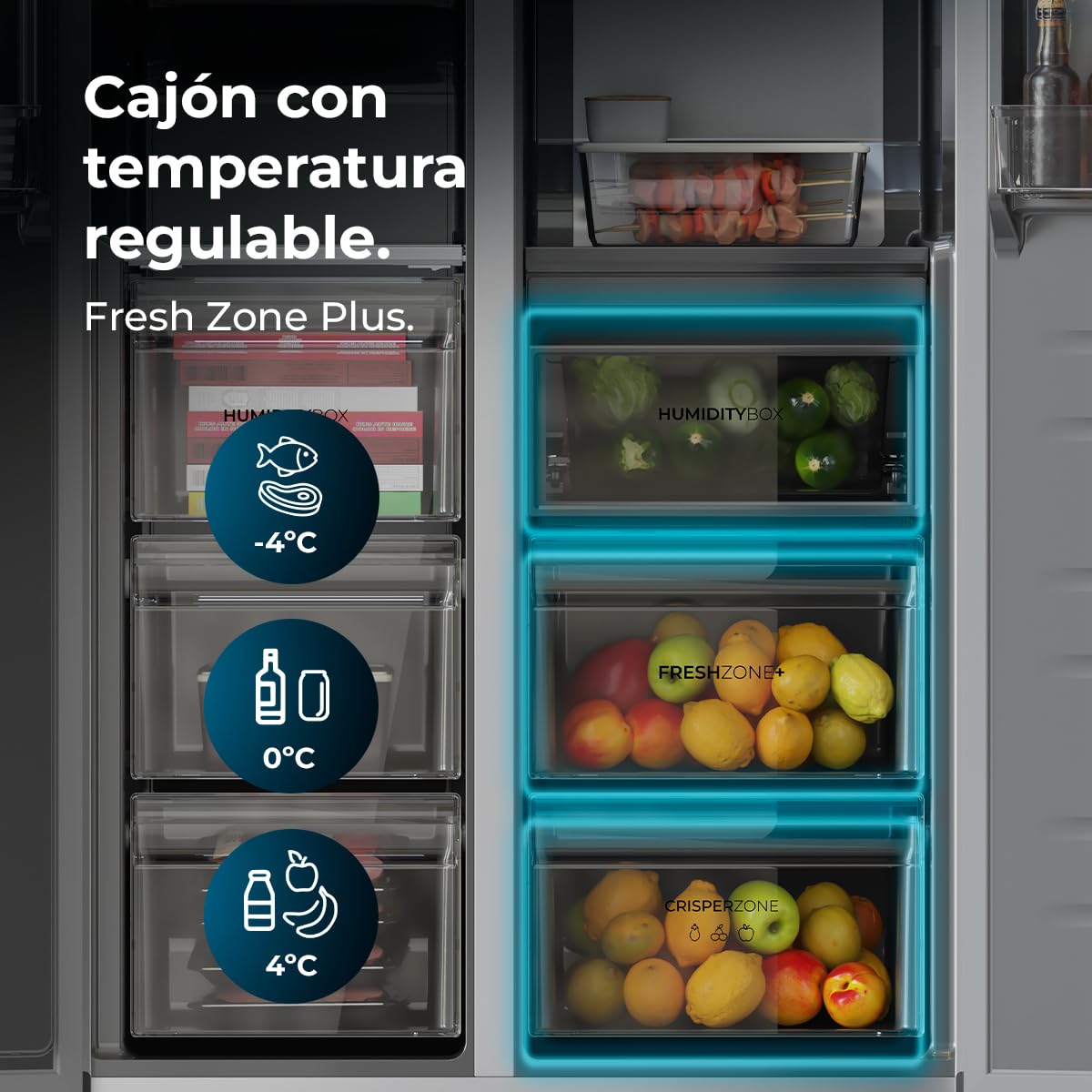Cecotec Frigorífico Americano Semi Integrable de 436L Total No Frost Bolero CoolMarket SBS 436 SBI Inox E. Compresor Inverter Bajo Consumo, 184,8 x 84,4 m, Interior Premium Gris, Cajón Convertible