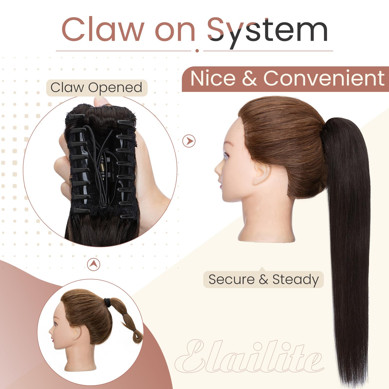 Elailite Human Hair Ponytail Extension Real Hair Claw on Natural HairPiece Straight (#1B Natural Black, 14 Inch) - Image 3