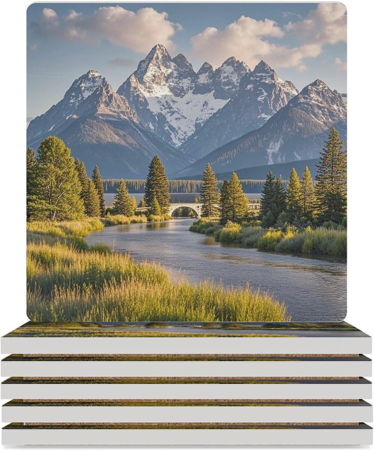 Grand Teton National Park Coasters Absorbent Ceramic Coasters for Drinks Coaster with Cork Backing for Table Protection Square Drink Cup Mat Modern Style Coaster for Coffee Table