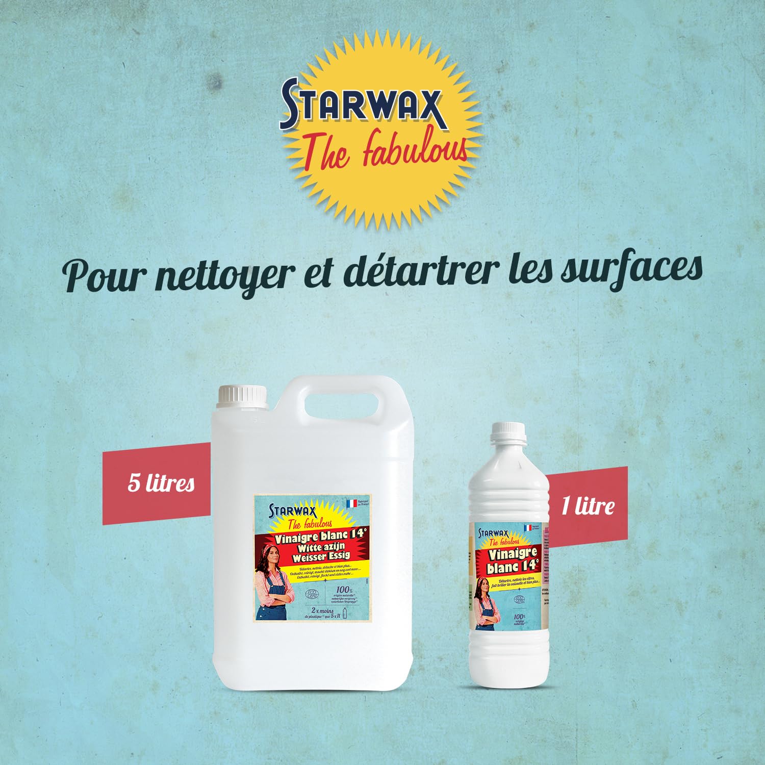 STARWAX THE FABULOUS - Vinaigre Blanc Ménager 14° - Détartre, Dégraisse, Détache et Adoucit l'Eau - Sans Parfum - 100% d'Ingrédients d'Origine Naturelle - Fabriqué en France - 5L - 5
