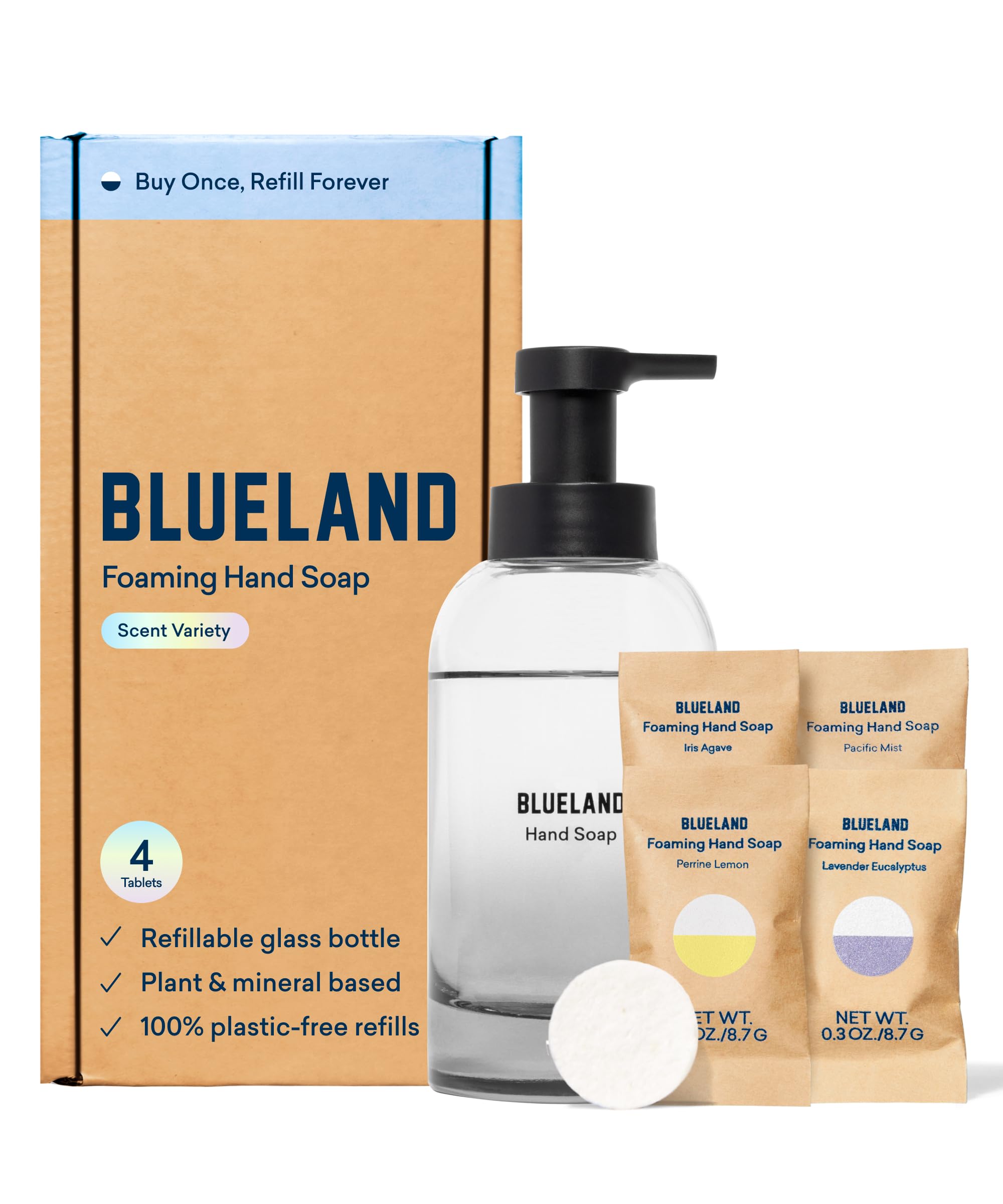 BLUELAND Hand Soap Starter Set Slate, 1 Refillable Glass Foaming Hand Soap Dispenser with 4 Refill Tablets, Iris Agave Scent, 4 x 9 Fl oz
