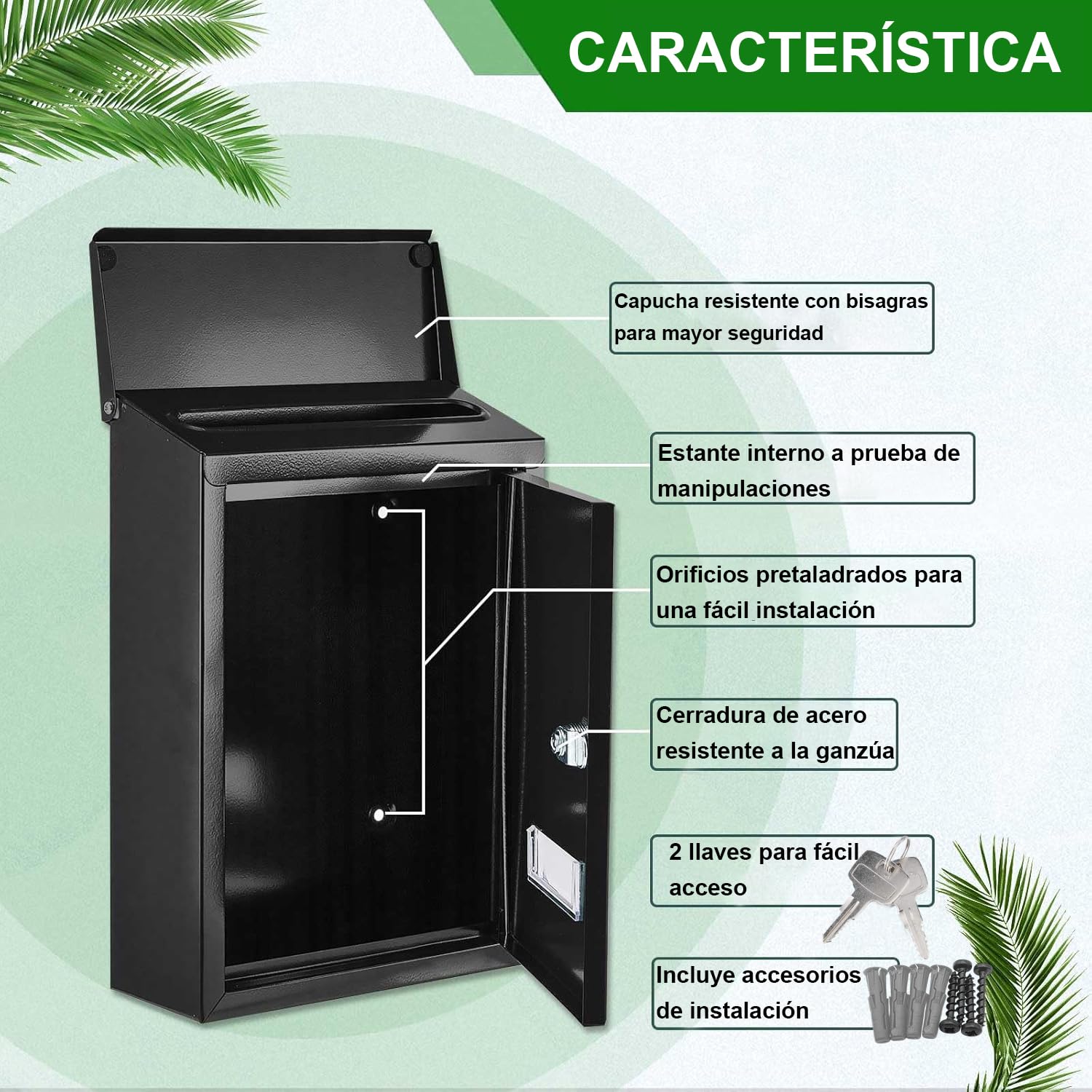 Buzón de Pared Correo con Tapa Antilluvia, Buzón de Exterior de Metálico con Cerradura y Llaves, Buzón Impermeable de Gran Capacidad para Cartas, Fácil de Instalar (30x21.7x7cm, Negro)
