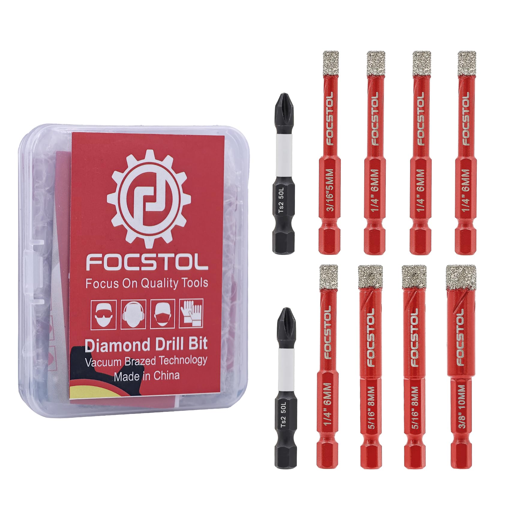 FOCSTOL Diamond Drill Bits Set 10pcs, Porcelain Tile Drill Bits with Quick Change Hex Shank for Porcelain Ceramic Tile Marble Granite Quartz, 5/6/8/10mm