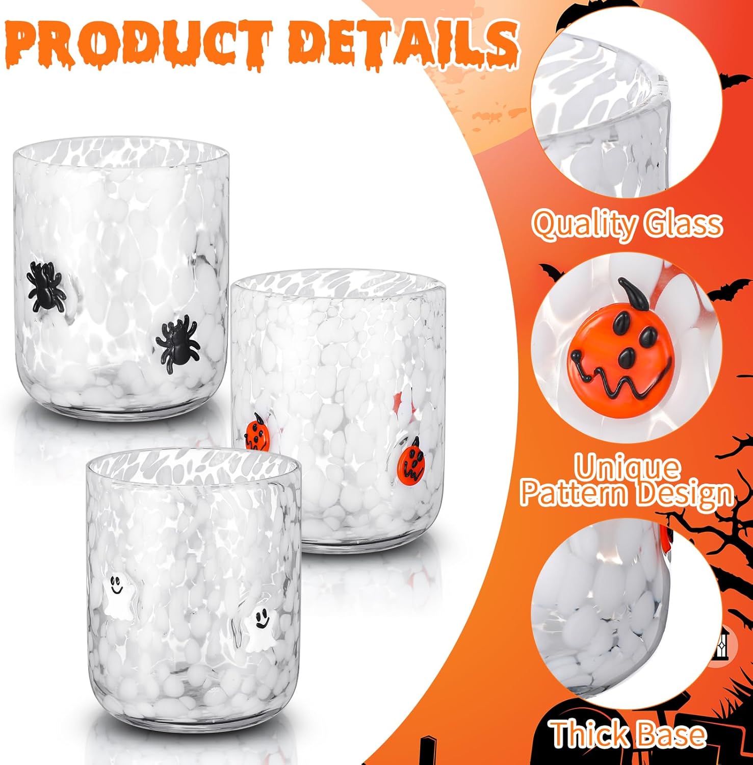 Reallnaive 3 Pcs Halloween Drinking Glasses Cups 14 oz Ghost Pumpkin Spider Icon Juice Glass Cups Halloween Stemless Wine Glasses for Holiday Drinkware Friends Lovely Gifts Party Decoration