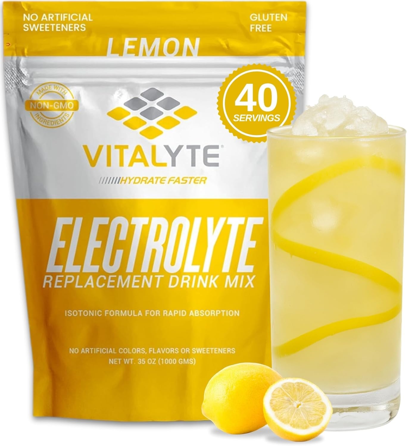 Vitalyte Electrolyte Powder Drink Mix, Isotonic Electrolyte Hydration Mix, Gluten Free Post Workout Powder Mix, Pack of 1, 35 oz., Lemon Flavor
