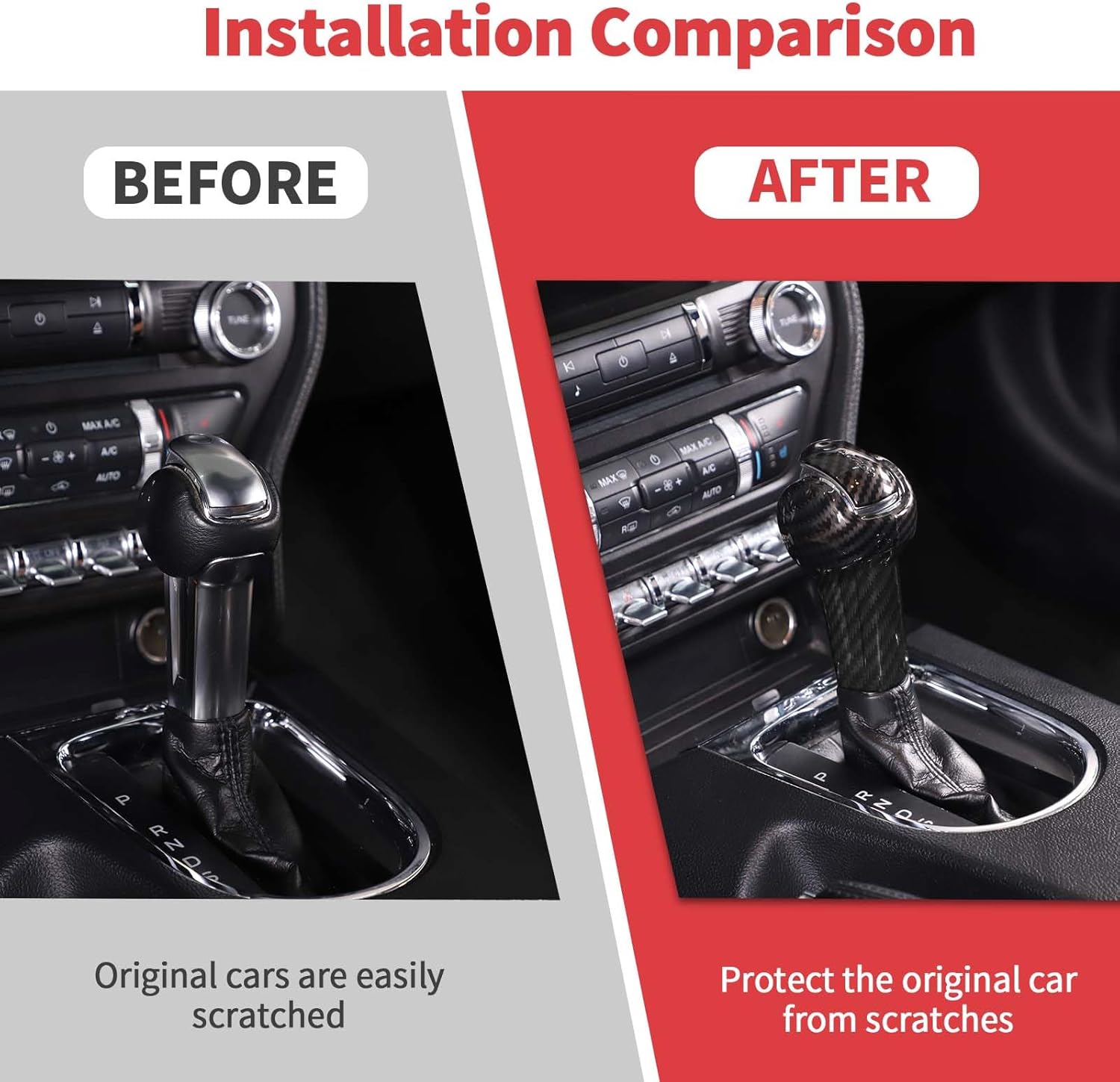 Jimen Compatible with Ford Mustang 2015-2023, 3PCS Gear Shift Knob Overlay Cover Interior Trim Kits (Carbon Fiber)