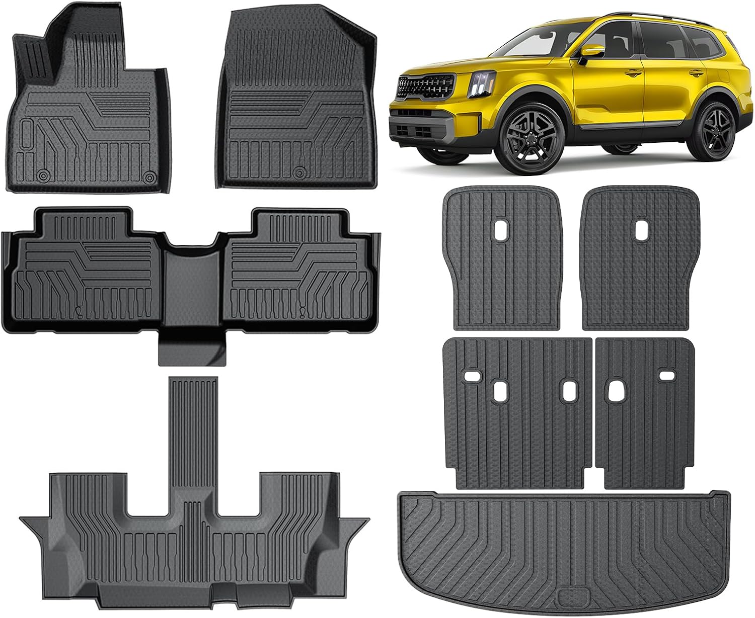 KUST Floor Mats Set for 2020-2025 Kia Telluride 7 Seats, Rear Cargo Trunk Liner with 2nd/3rd Row Backrest Kick Mat All Weather Protection for Telluride Accessories TPE Rubber High Edge For ? Telluride 7 Seats 2020-2025 ? Full Set