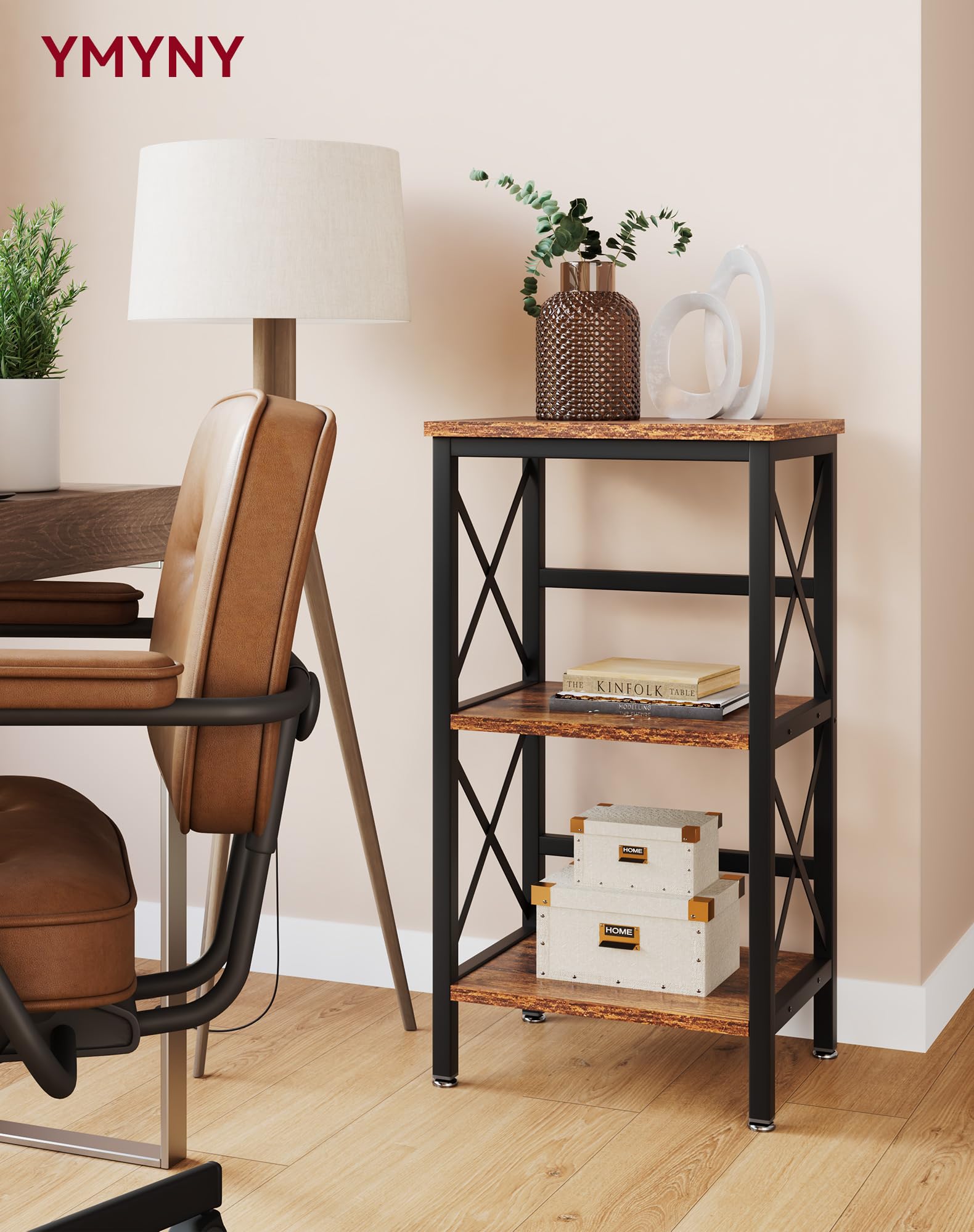 YMYNY Bücherregal, Standregal mit 3 Ablagen, Stabiles X-Rahmen, Verstellbare Füße, Einfachmontage, 40×29×75cm, für Wohnzimmer, Schlafzimmer, Küche, Arbeitszimmer, Badzimmer, Rustikales Braun HST008H