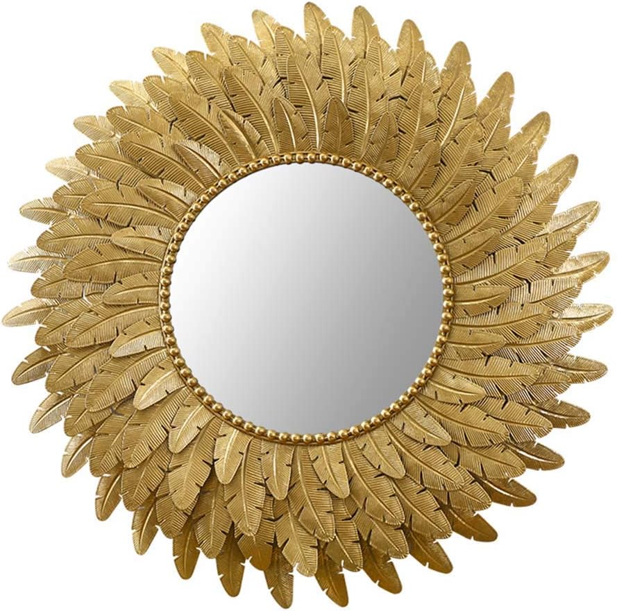 Round Metal Decorative Beaded Accent Wall Mirror 3D Layered Feathers with Gold Foil Finish in Sunflower Design Hanging Mirrors for Hallway Bedroom Living Room, 37.7 Inch in Diameter