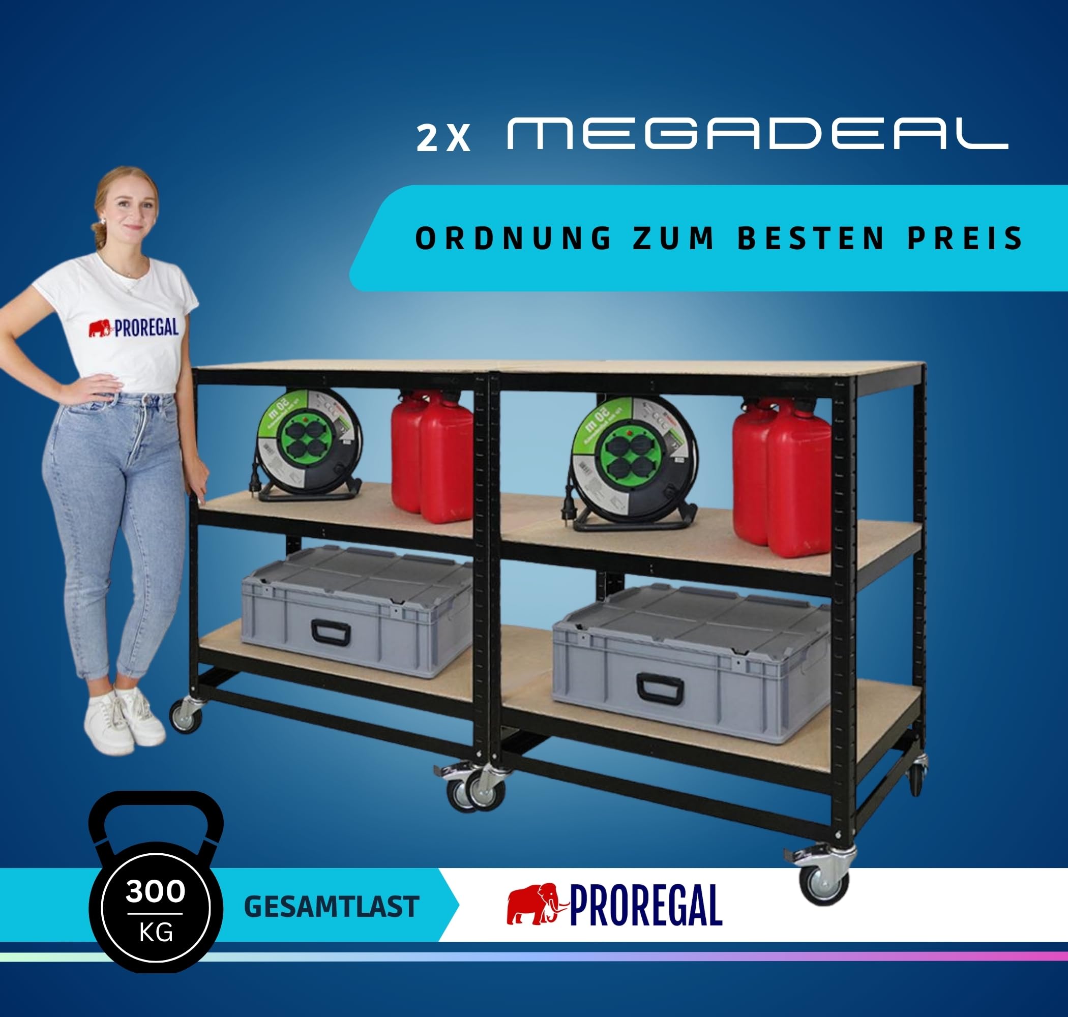 PROREGAL Mega Deal 2X Kommissionierwagen BÜFFEL Fahrbares Kommissionierregal 100x90x50cm 3 Ebenen Fachlast 50kg 2X Lenkrollen & 2X Lenkrollen mit Feststellbremse Schwarz Regal auf Rollen Regalwagen
