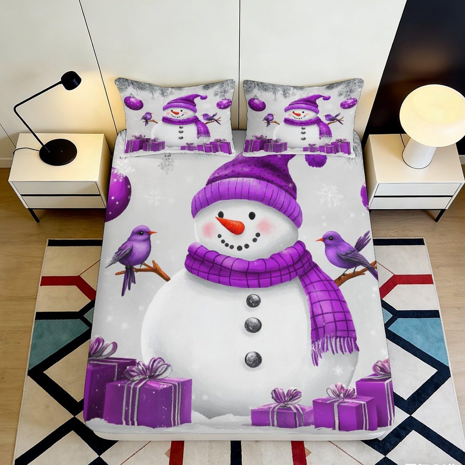 3D Printed Purple Snowman Fitted Sheet Microfiber Soft Bed Cover with Gift Box Bird Design Mattress Cover for Bedroom Dormitory Guest Room 90x200x25cm