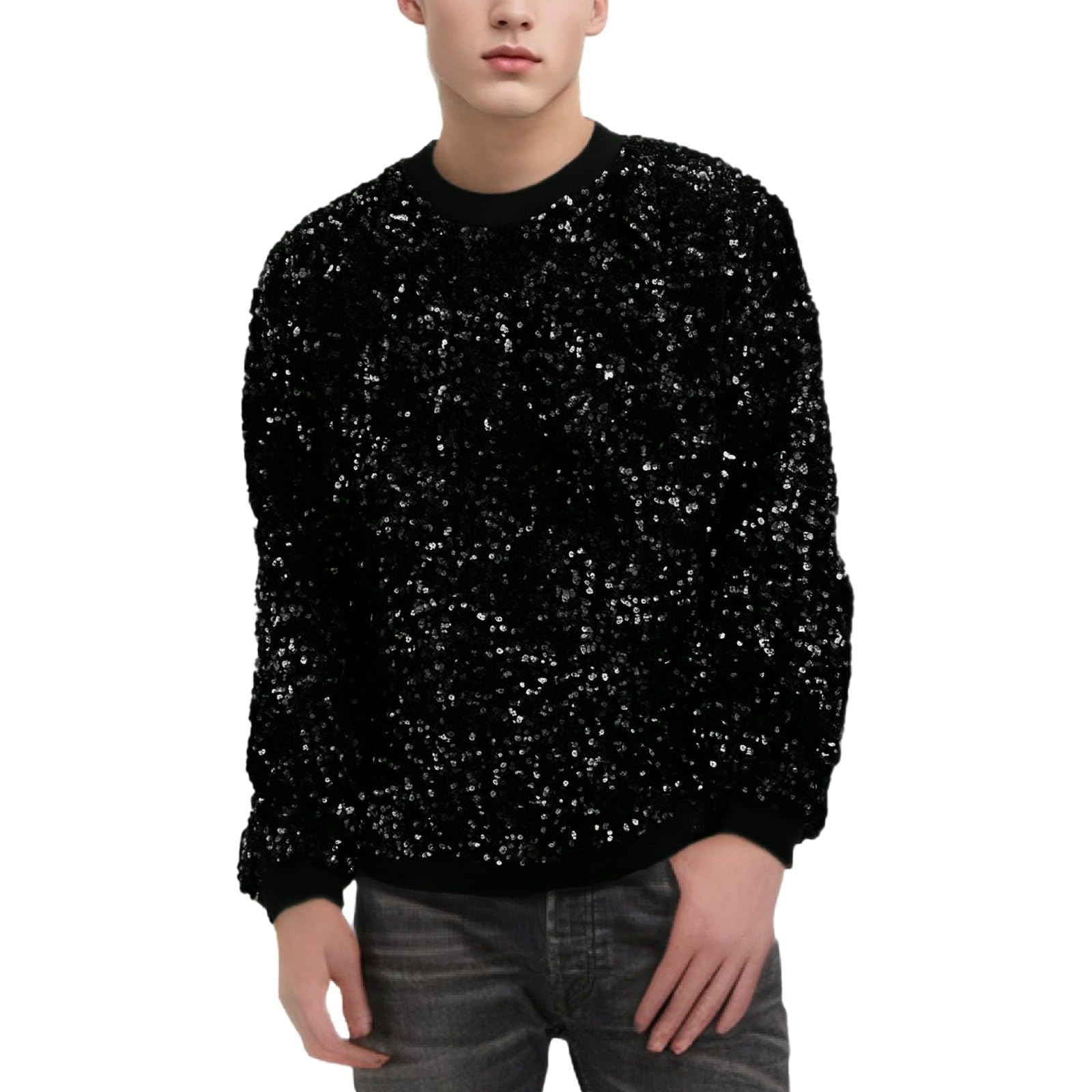 Generisch Felpa lucida da uomo con brillantini, costume di carnevale, costume da carnevale in hip hop, felpa oversize, scollo rotondo, maglione con paillette, maglione a maniche lunghe