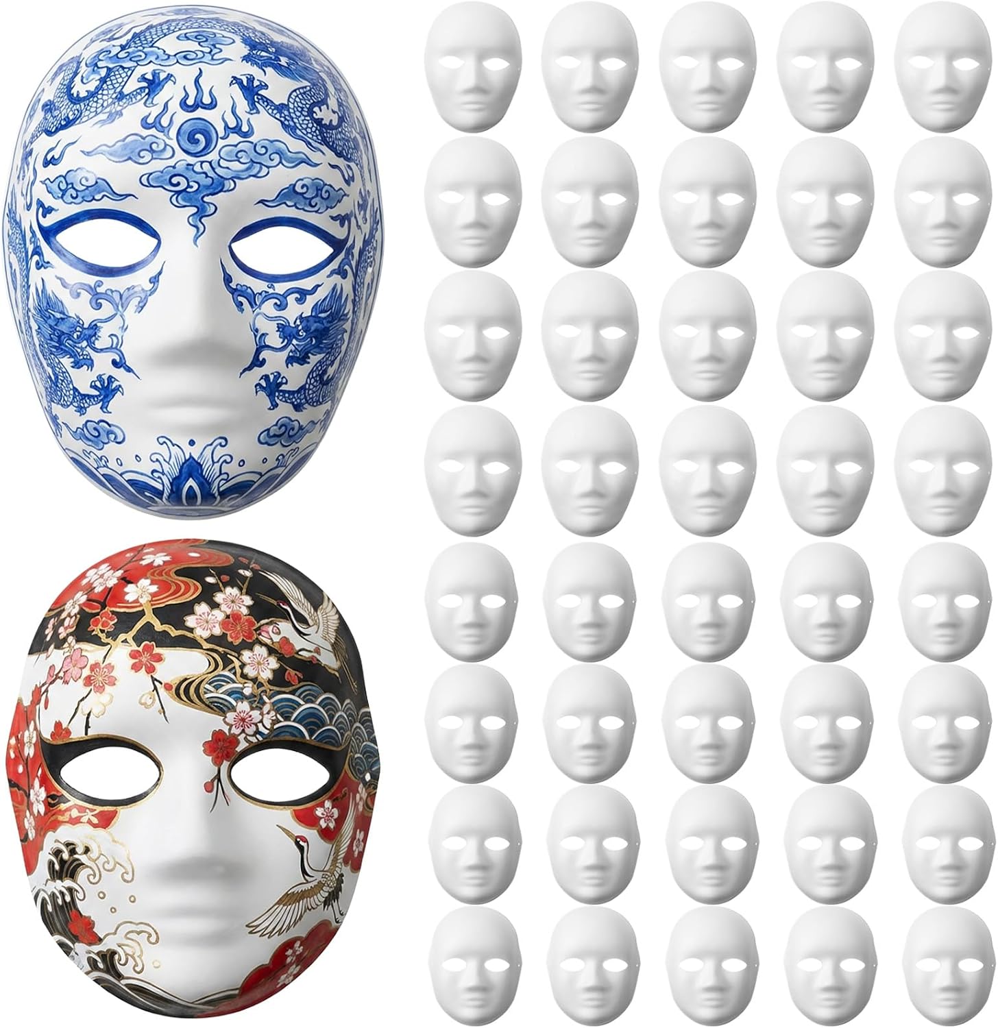 40Pcs DIY Full Face Masks 2 Sizes Paper Mache Masks Paintable Men Women | White Men, Women Blank Mask,for Cosplay Halloween Christmas Mardi Gras Masquerade Dance Party, Costume Mask, Artistic DIY