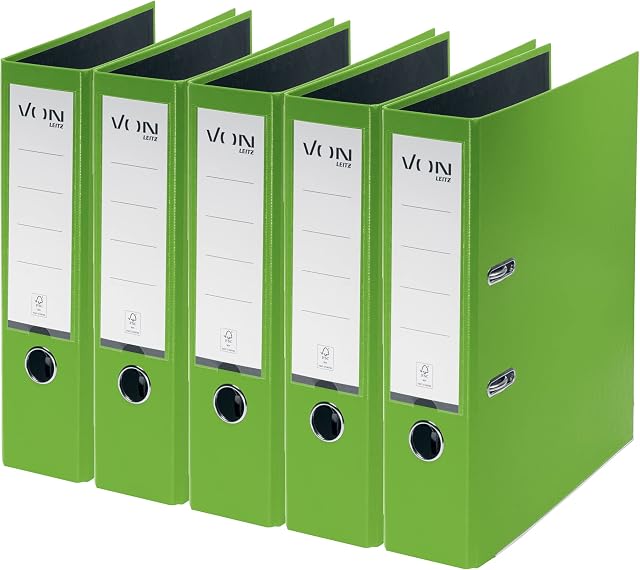 Leitz 10551055 Portfel A4, z plastikową okładką, z tyłu 80 mm, na 600 arkuszy, z certyfikatem FSC, do szkoły, do nauki i domu, 5 sztuk, zielony