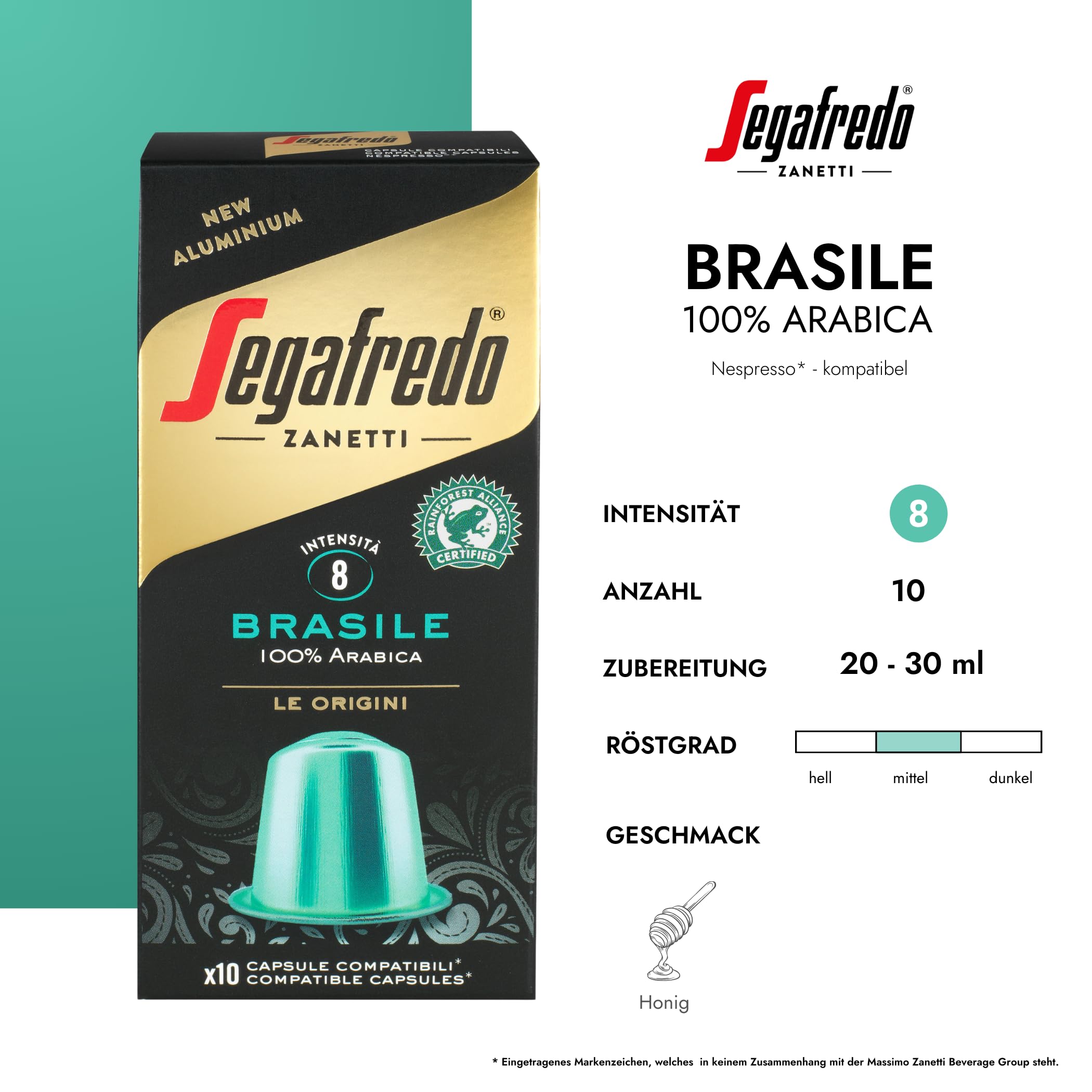 Segafredo Zanetti - 100 kompatybilnych kapsułek Nespresso, linia aluminiowa, 100% kawa brazylijska, elastyczna i soave - 10 pudełek po 10 kapsułek