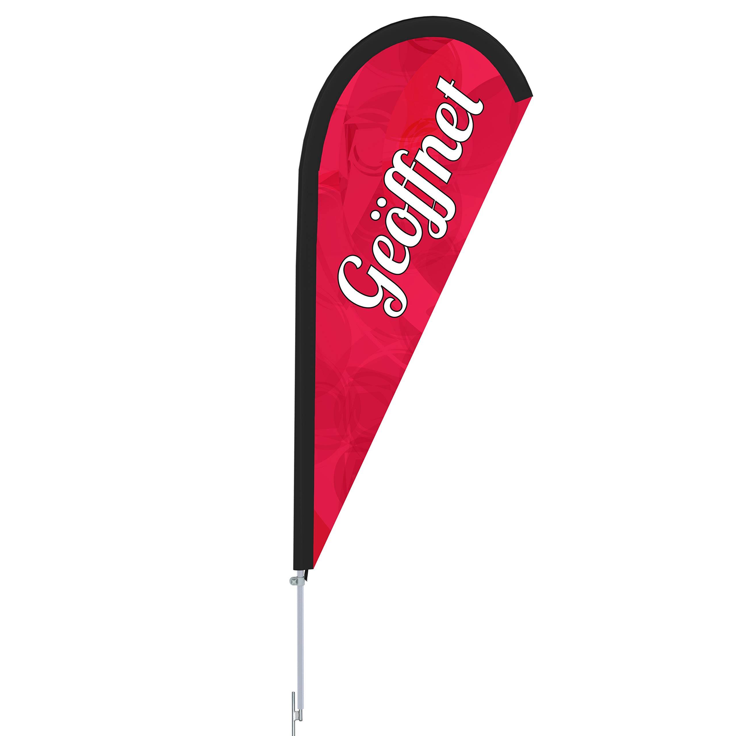 Vispronet Beachflag - Geöffnet versch. Farben ✓ versch. Halterungen ✓ Tropfenform ✓ Höhe 2,04 m ✓ Indoor & Outdoor (mit Erdspieß, Rot-Weiß)