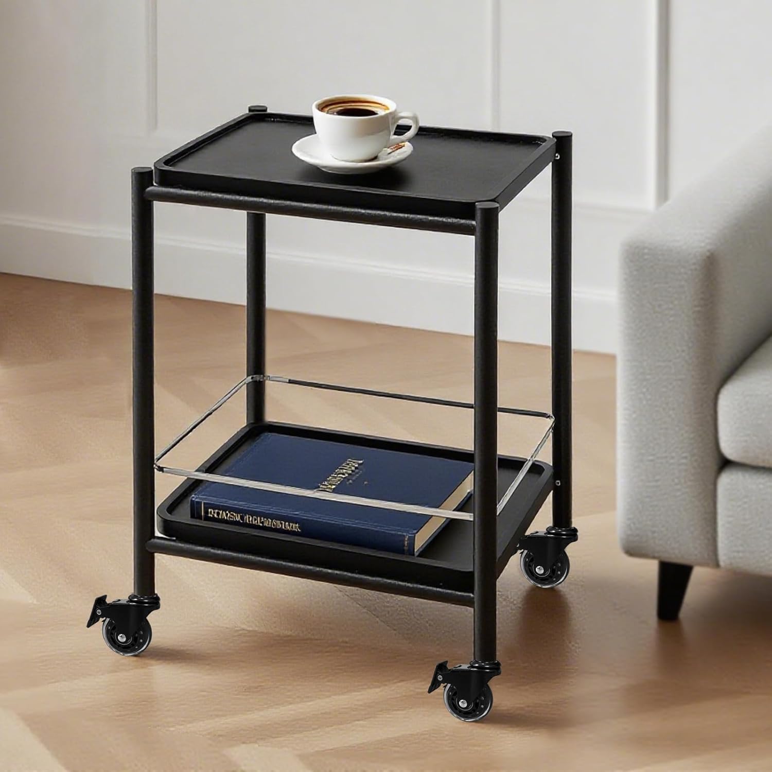 Acacia Wood Rolling Side Table, 2-Tier with Lockable Wheels & Removable Tray, Sturdy Durable for Bar Cart, Nightstand, End Table, Sofa Table