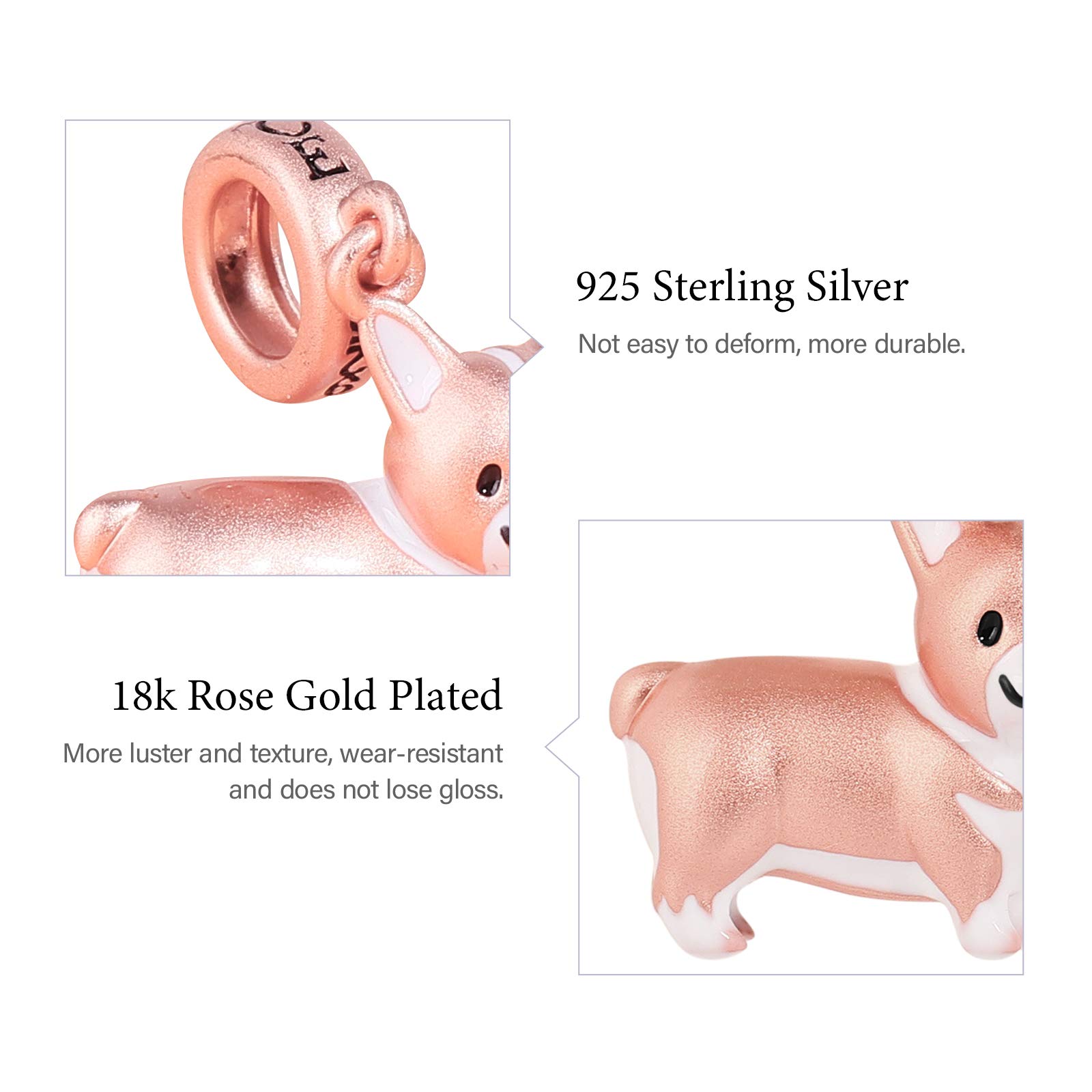 GNOCE Corgi Anhänger Charm Sterling Silber Matt 18 Karat Roségold plattiert Tier Hund Beads Charm Fit Armband/Halskette Weihnachts Geschenk für Frauen Mädchen Tochter