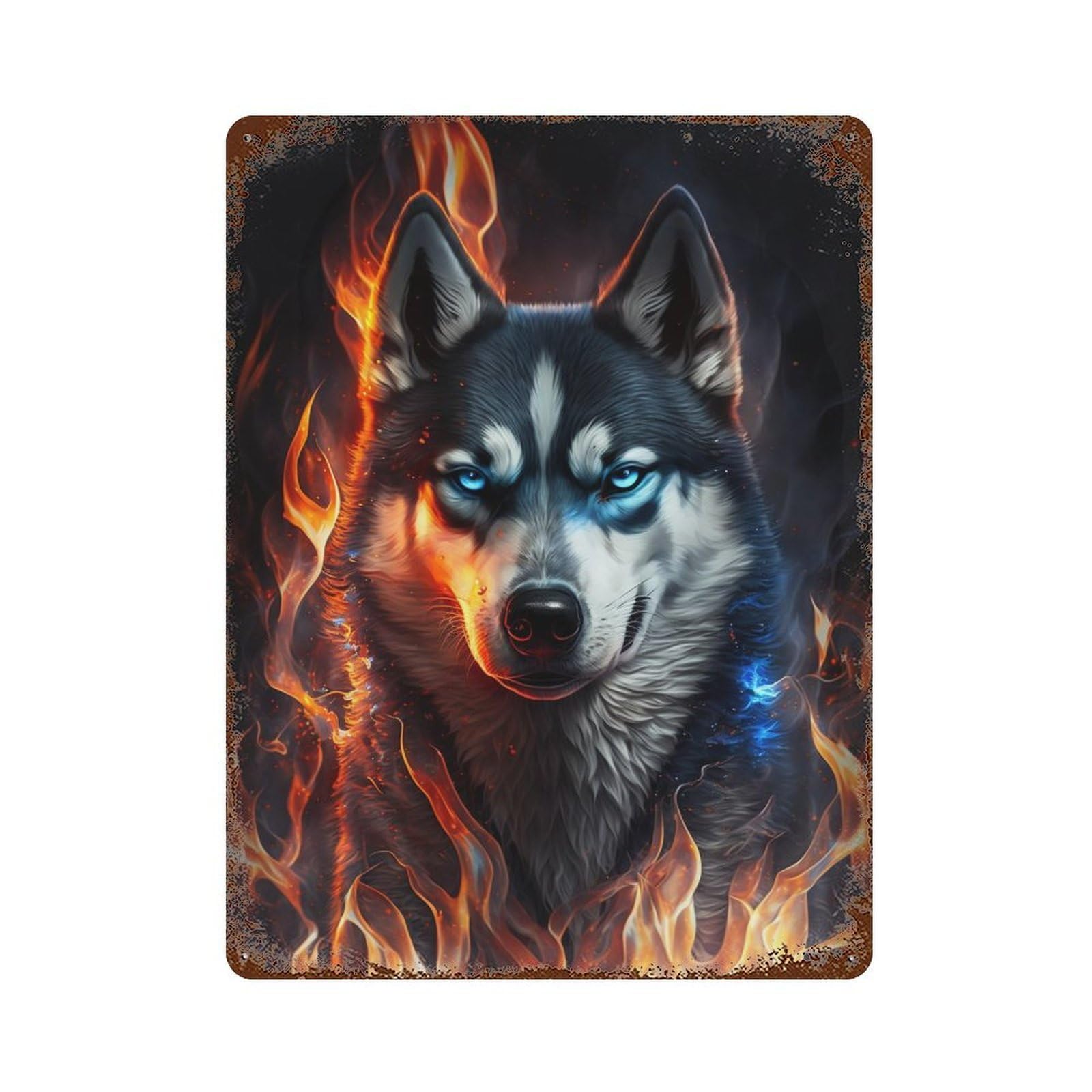 Flaming Wolf Art Print -1 Distressed Metal Wall Sign 15.7"x11.8", for Basement, Hobby Room And Garage Decor, Shabby Chic Decor