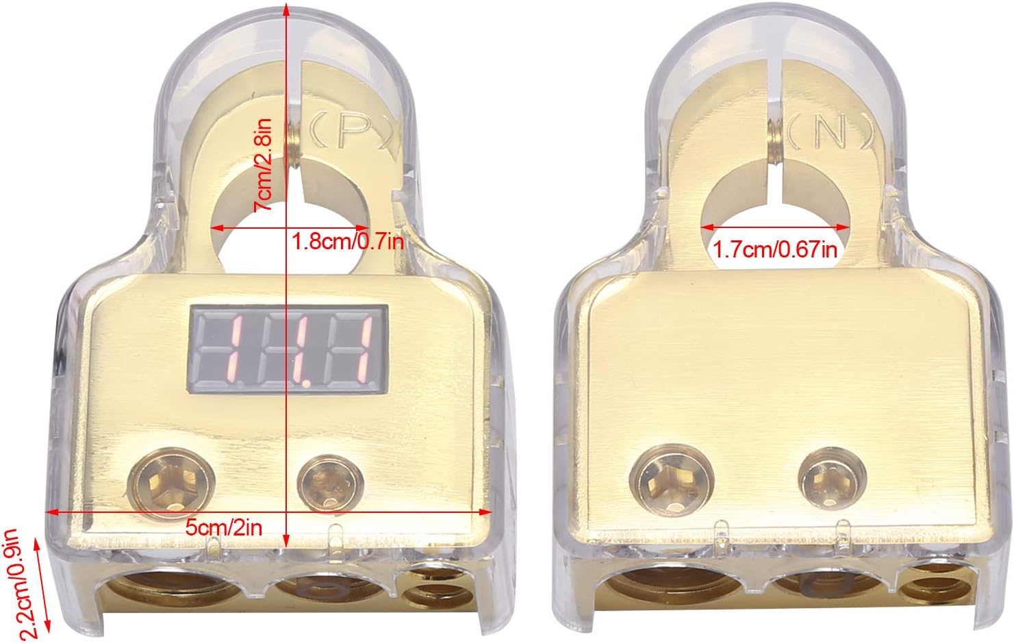 Car Battery Terminal Connectors Kit with Digital Voltmeter Display Stardand 0/4/8/10 AWG Gauge (A (Gold))
