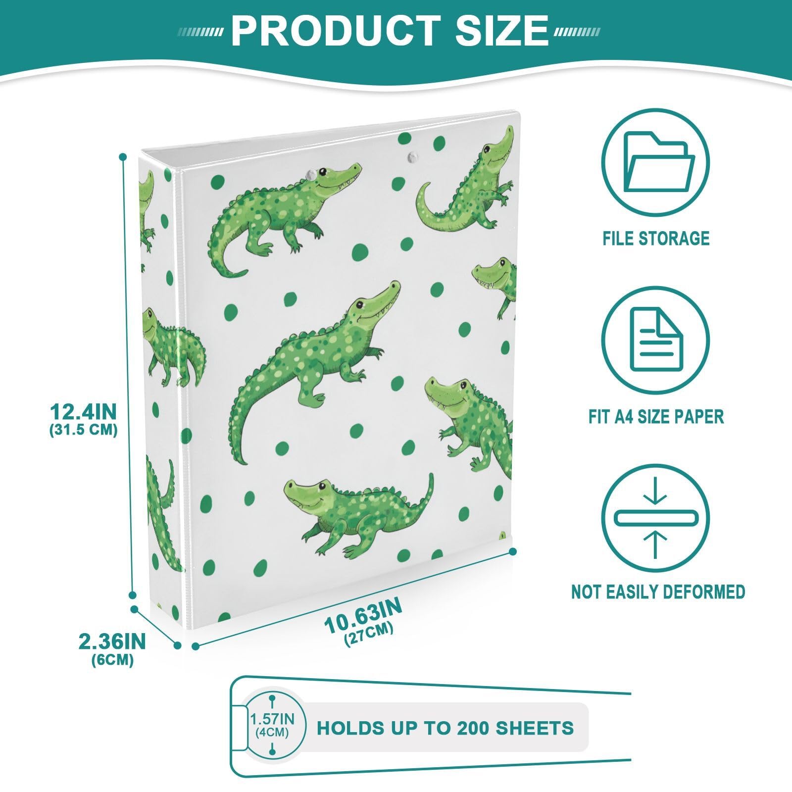 Kcldeci Raccoglitore a 3 anelli con copertina rigida, motivo coccodrilli verdi, 3,8 cm, 200 fogli, per ufficio, casa, rientro a scuola, confezione da 2