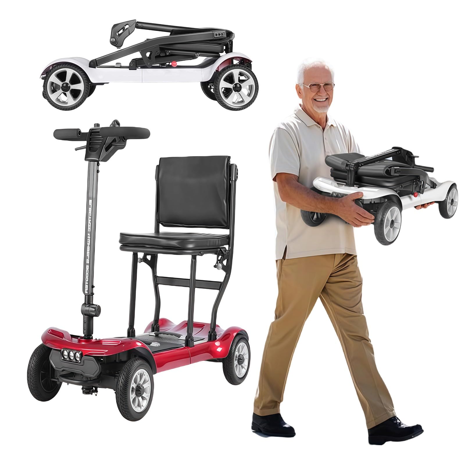 Veicolo Elettrico Pieghevole a Quattro Ruote Ultraleggero da 15,8 kg per Anziani, Doppia Batteria, Design Comodo e Pieghevole, per Anziani e disabili