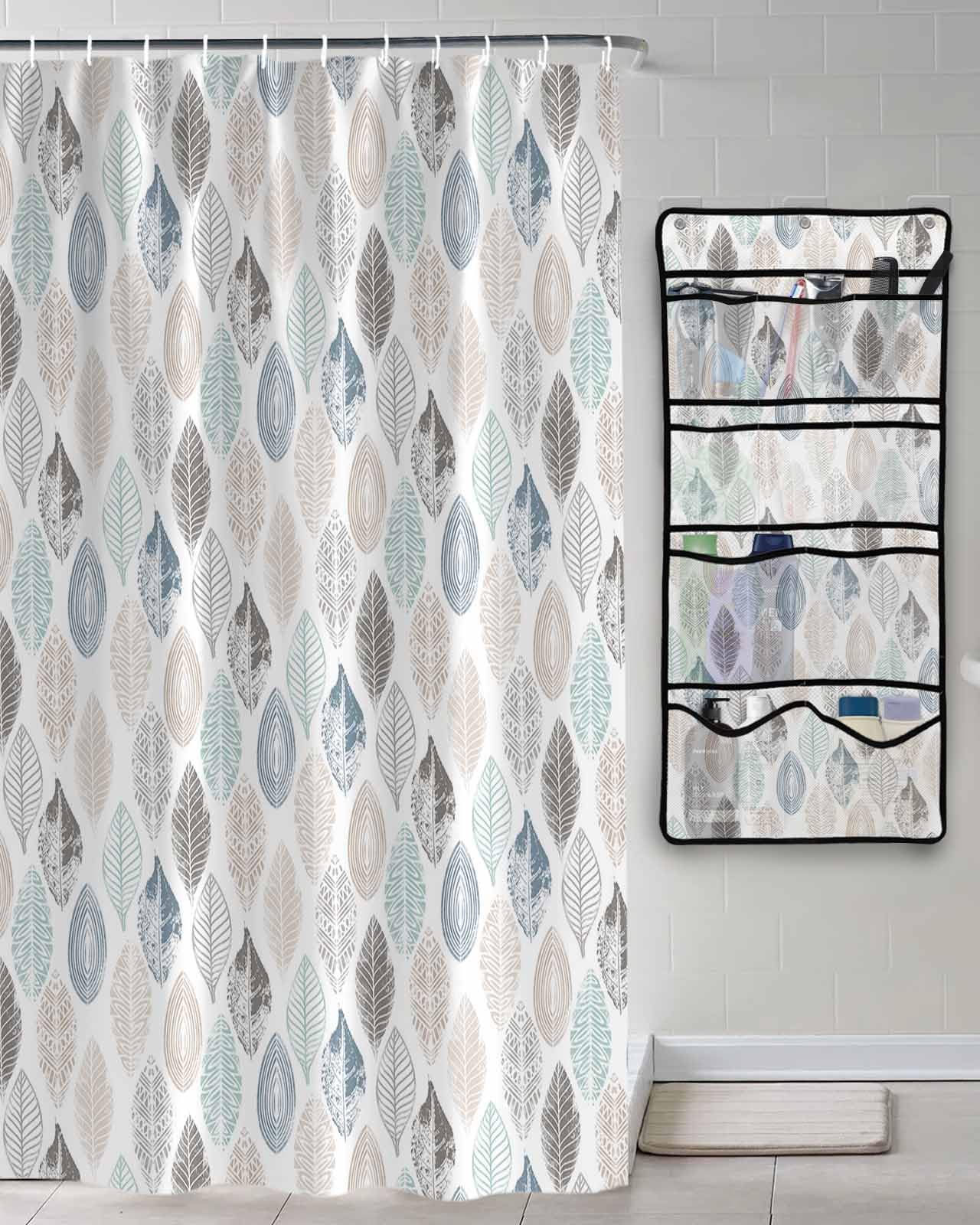 Shower Curtain Mesh Shower Organizer Hanging Set Leaves Specimens Blue Khaki Teal Grey White Background Waterproof Shower Curtains