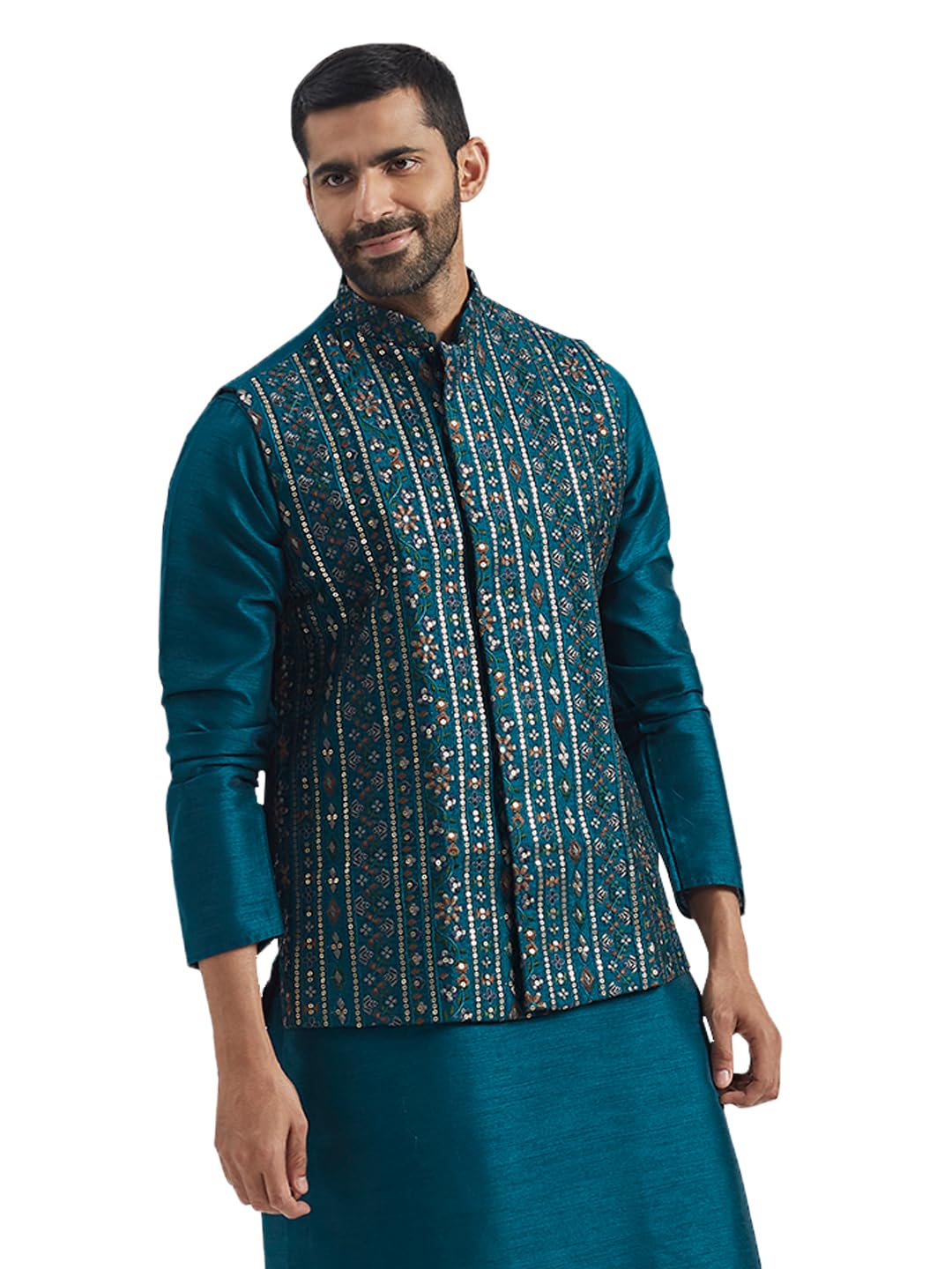 vastramay Men's Silk Blend Nehru Jacket - Embroidered Sequined Nehru Jacket For Men.-picture-15