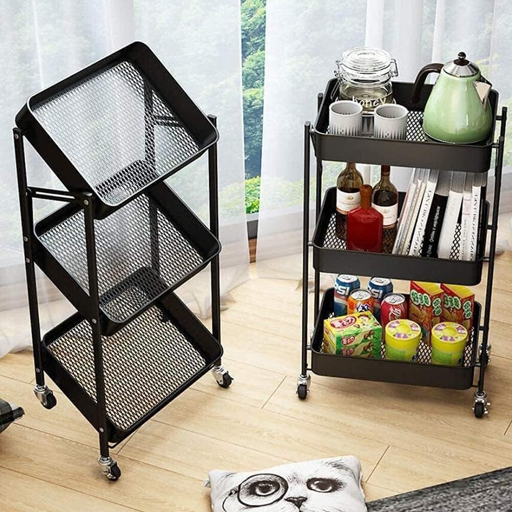 Smart Saver Foldable 3 Tier Metal Utility Rolling Cart, Folding Mobile Multi-Function Trolley Organizer for Home Library Office,Living Room Snacks Fruit and Vegetable Storage Rack(Black) 3