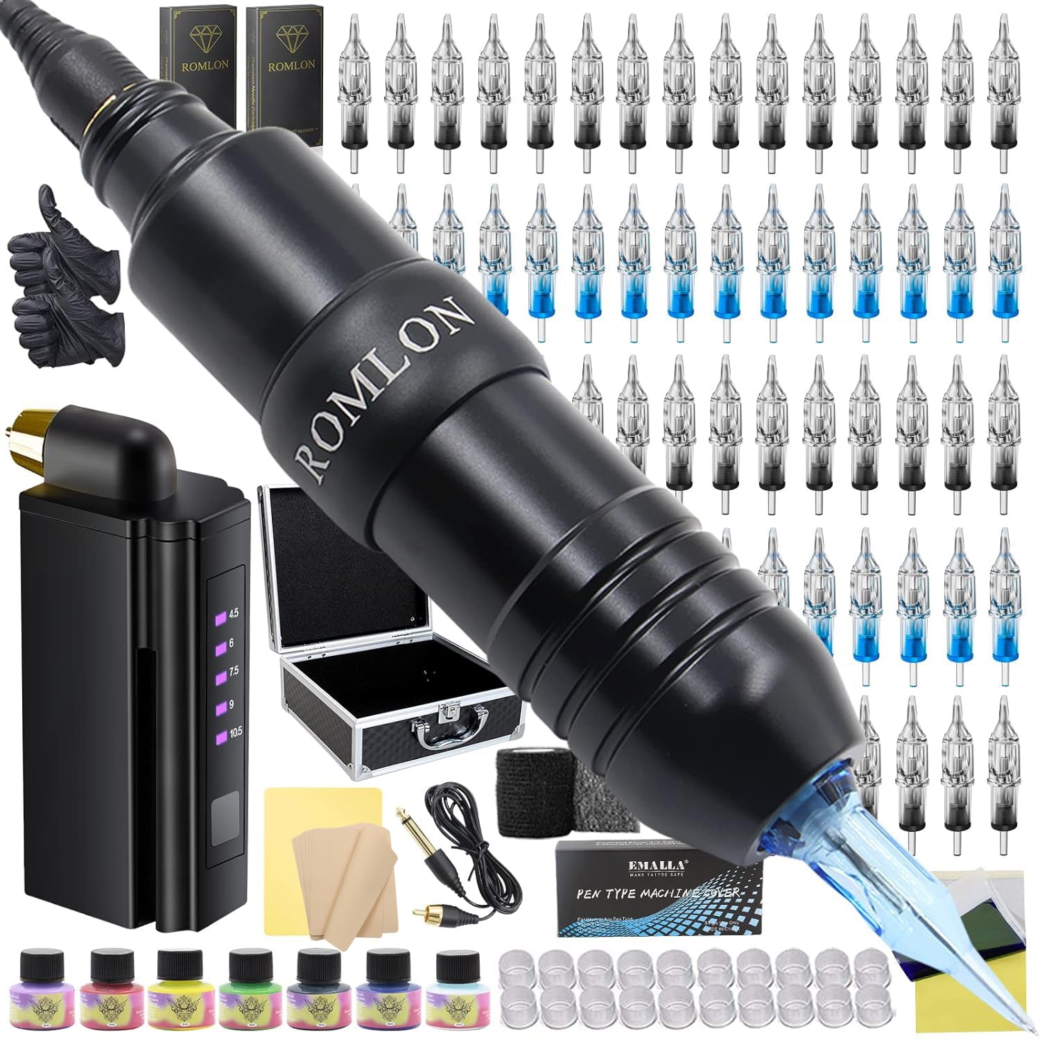 Tattoo Machine Kit and Blank Tattoo Practice Skin - Tattoo Pen Kit Gun Kit Rotary Tattoo Machine 40Pcs Tattoo Cartridge Needles 20Pcs 8'' x 6'' Double Side Tattoo Skin Practice