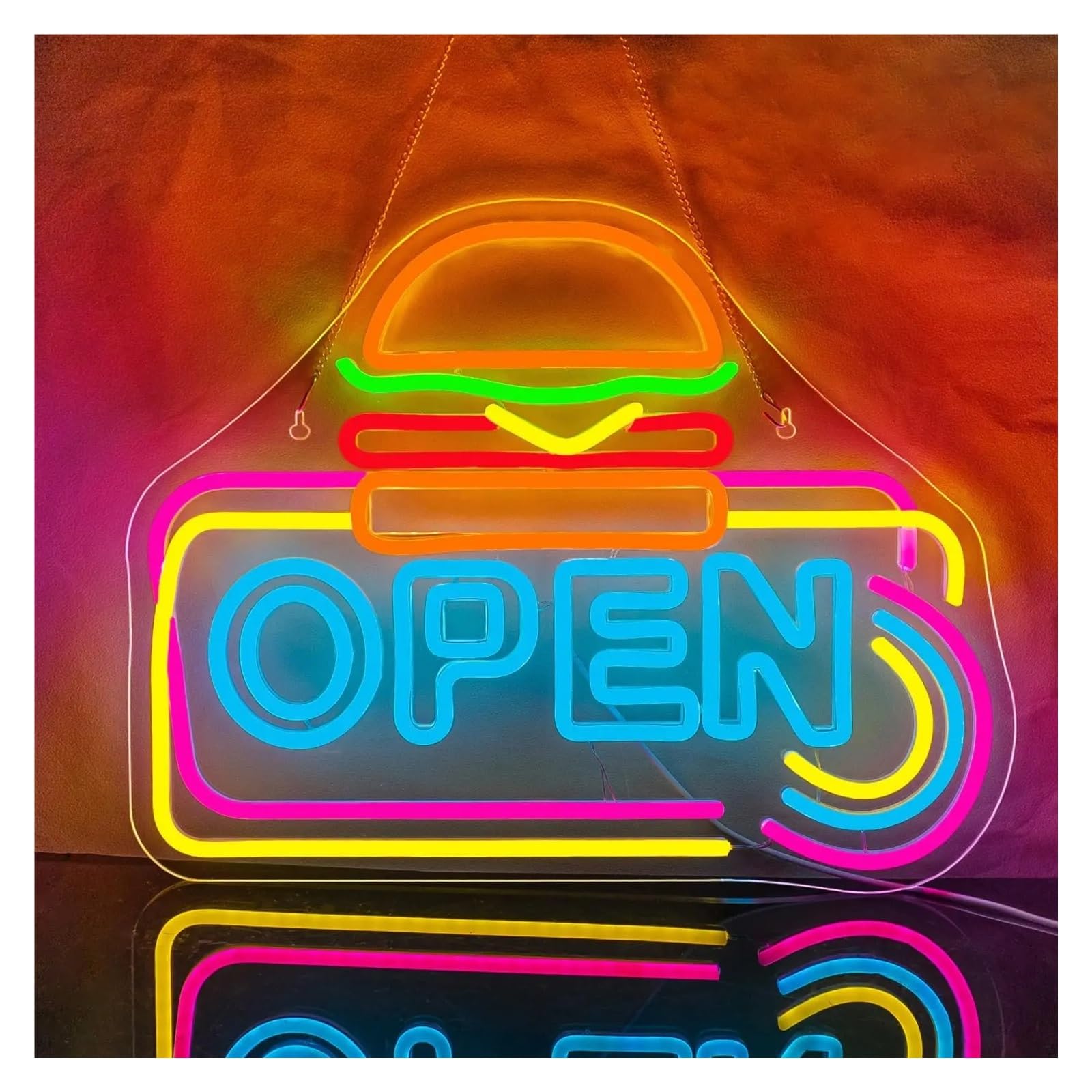 SHOUXI Sign Lamp Hamburger Open Neon Sign Light Dimmable USB Powered for Burger Shop Restaurant Kitchen Store Fast Food Shop Party Business Sign 35cmx28cm