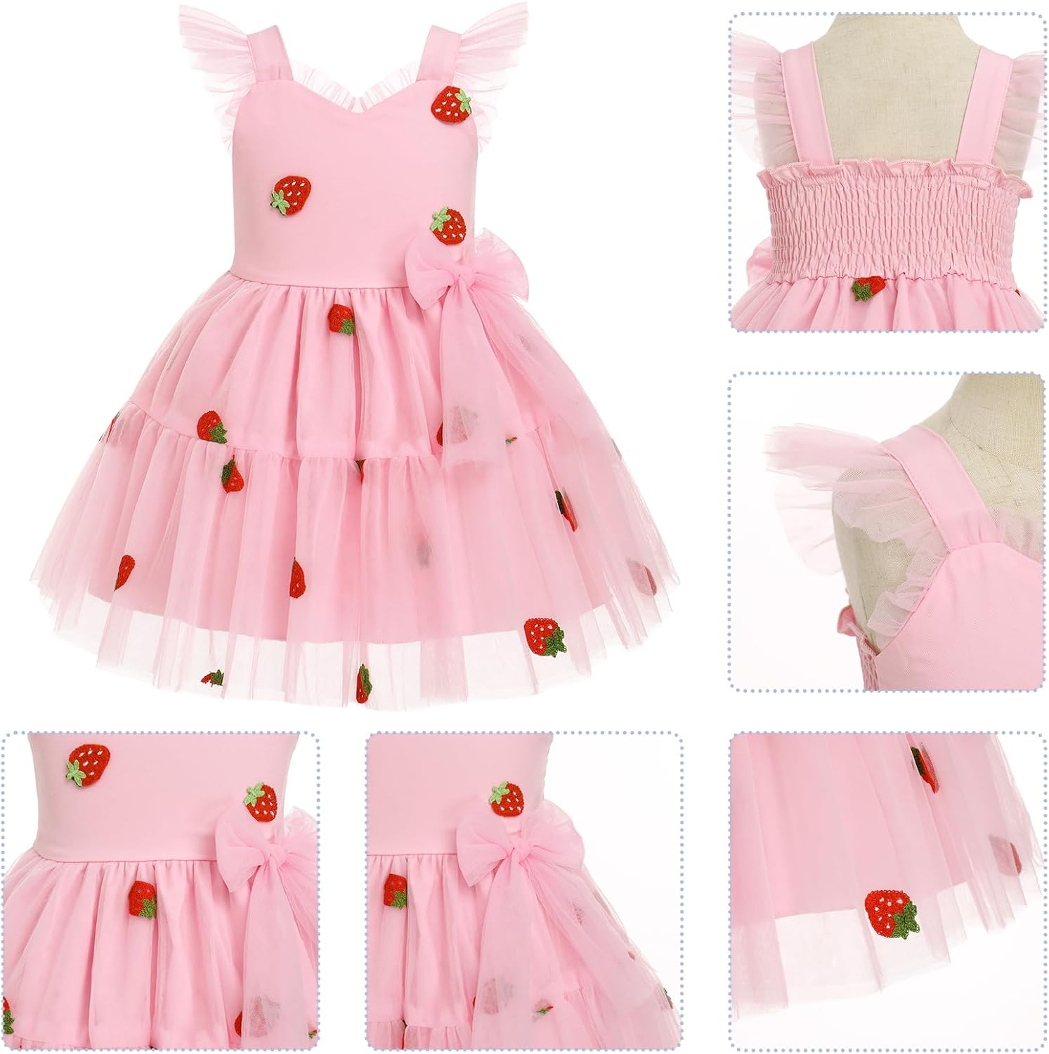 IMEKIS Toddler Girls Strawberry Floral Tulle Birthday Dress Elastic Back Summer Casual Party Dresses - Image 3