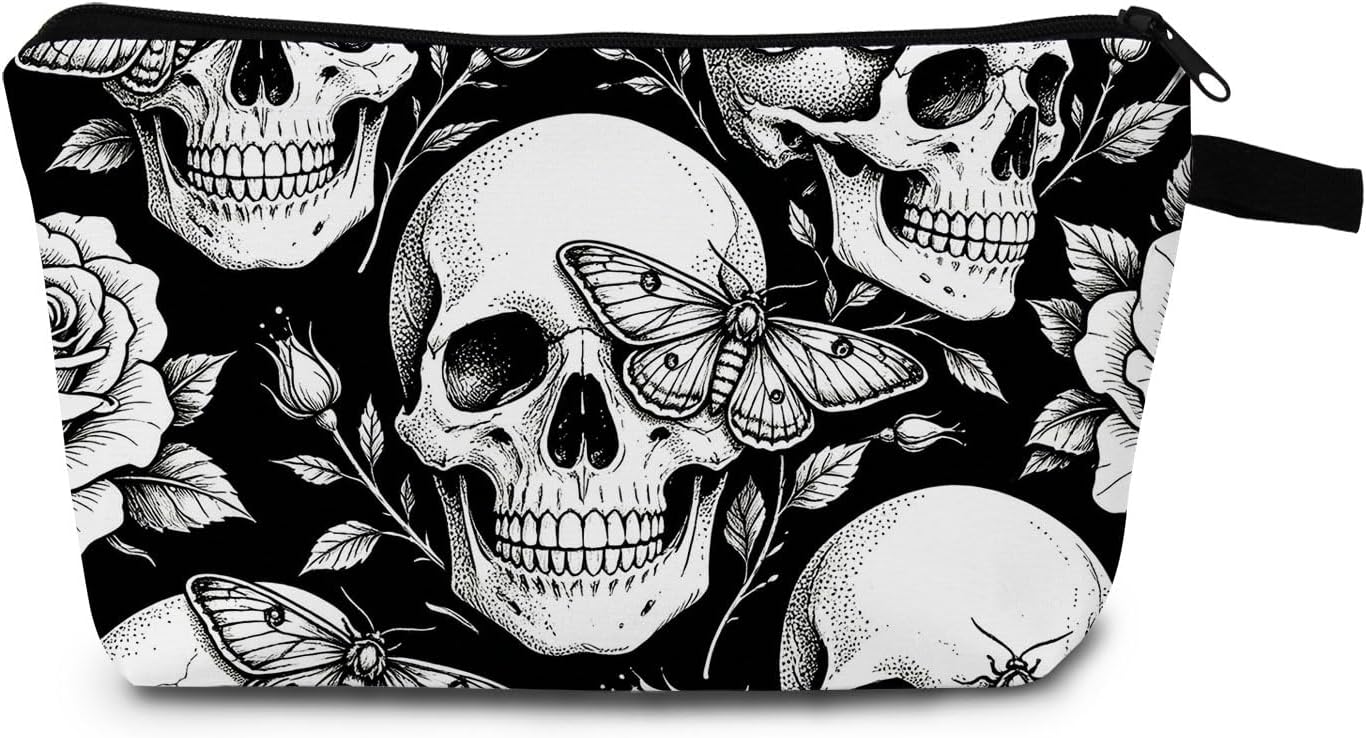 Halloween Skull Makeup Bag Moth Rose Print Gift for Women