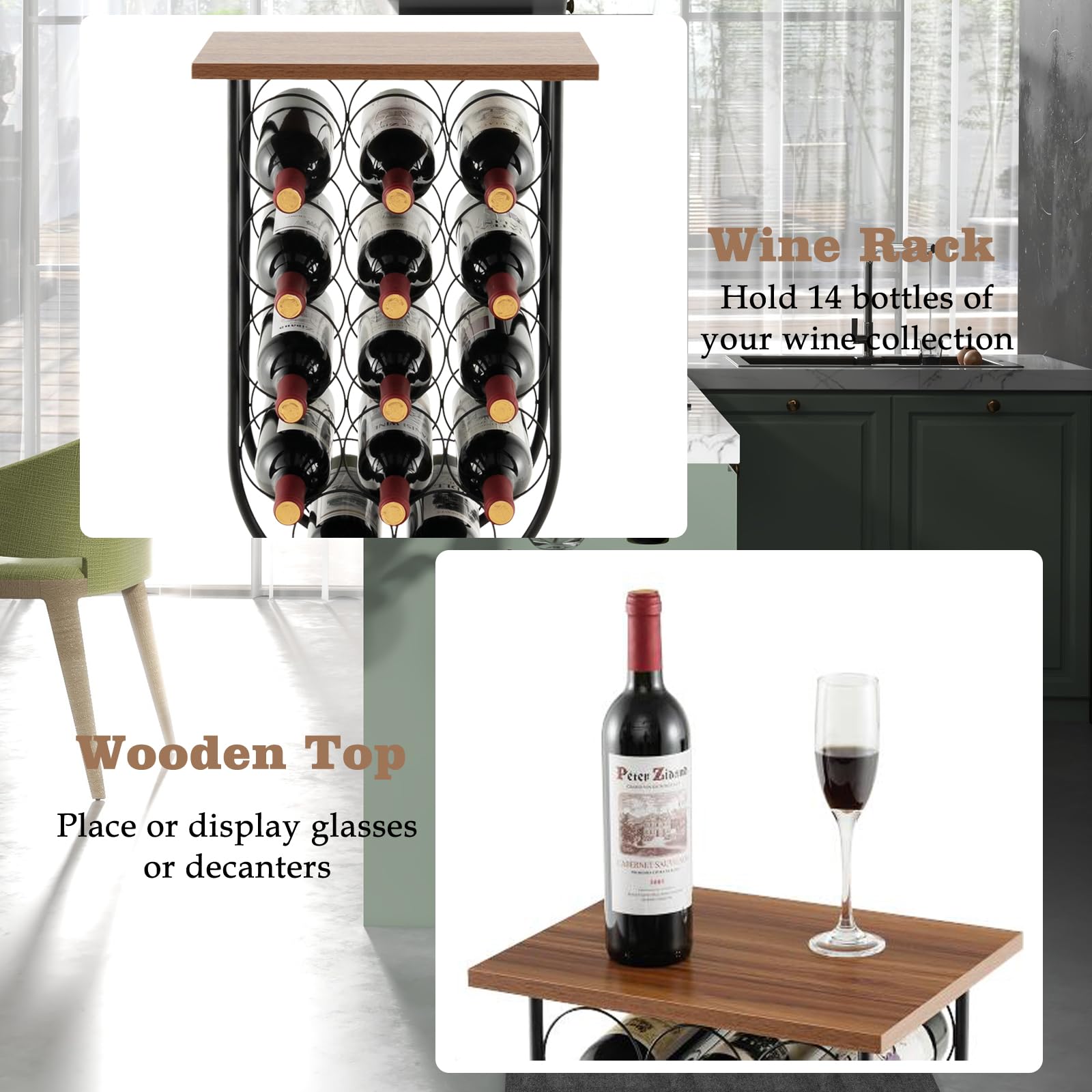 Portabottiglie Vino Con Ruote Per 14 Bottiglie - Mobile Con Piano Legno, Per Cantina O Bar - Foto 12