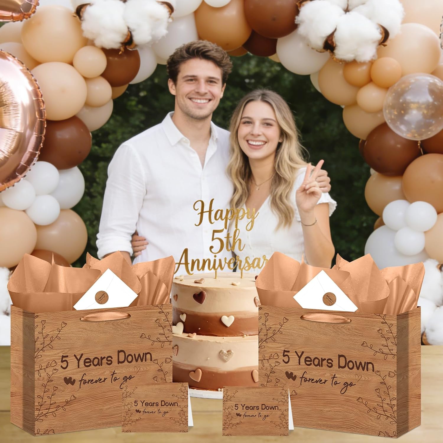 5th Anniversary Wood Theme Gift Bag, "5 Years Down Forever to Go" All-in-One Wedding Anniversary Wrapping Set with Card, Sticker, Tissue Paper and Envelope, Perfect Gifts for Husband, Wife, Couples image 5