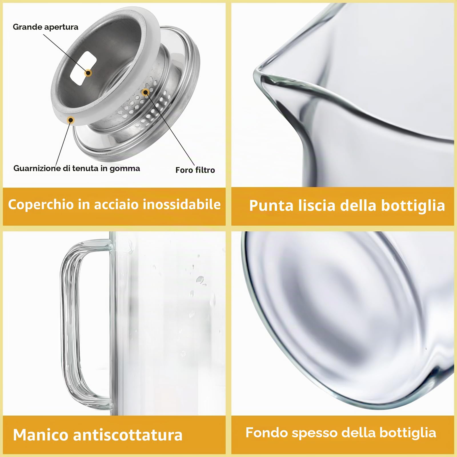 Caraffa in Vetro 1,5 Litre Trasparente e resistente calore borraccia in vetro borosilicato, per acqua calda e fredda, il tè freddo, vino, caffè, latte e succo