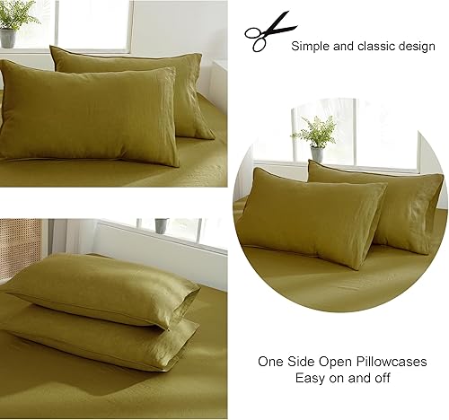 Miniatura 4 de S VICTORY SYMBOL Juego de sábanas de 100 % lino francés lavado, 4 piezas (1 sábana encimera, 1 sábana bajera y 2 fundas de almohada, de lino