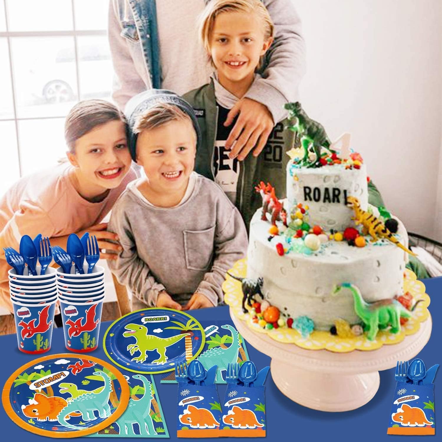 162 Pcs Dinosaur Tableware Set (Serves 20) - Dinosaur Birthday Party Supplies Set for Boys Including Birthday Banner, Plates, Cups, Napkins, Tablecloth, and More Dino T-Rex Party Ideas Decoration