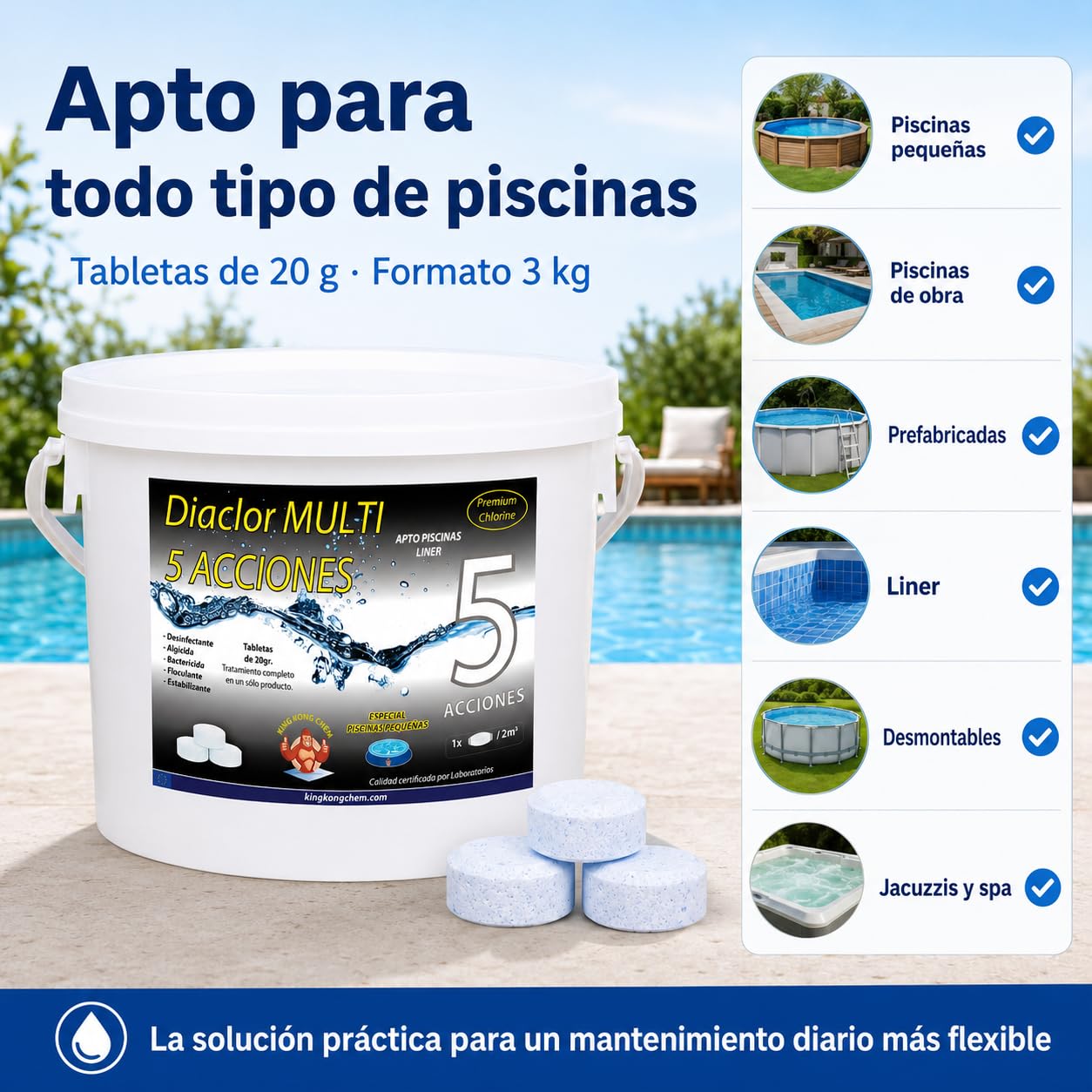 Cloro Piscinas Pequeñas DIACLOR Multi 5 ACCIONES 3 KG - Pastillas de Cloro Lento (20 gr- 3 cm Diámetro) - Tratamiento Completo Multiacción - SIN Cobre -