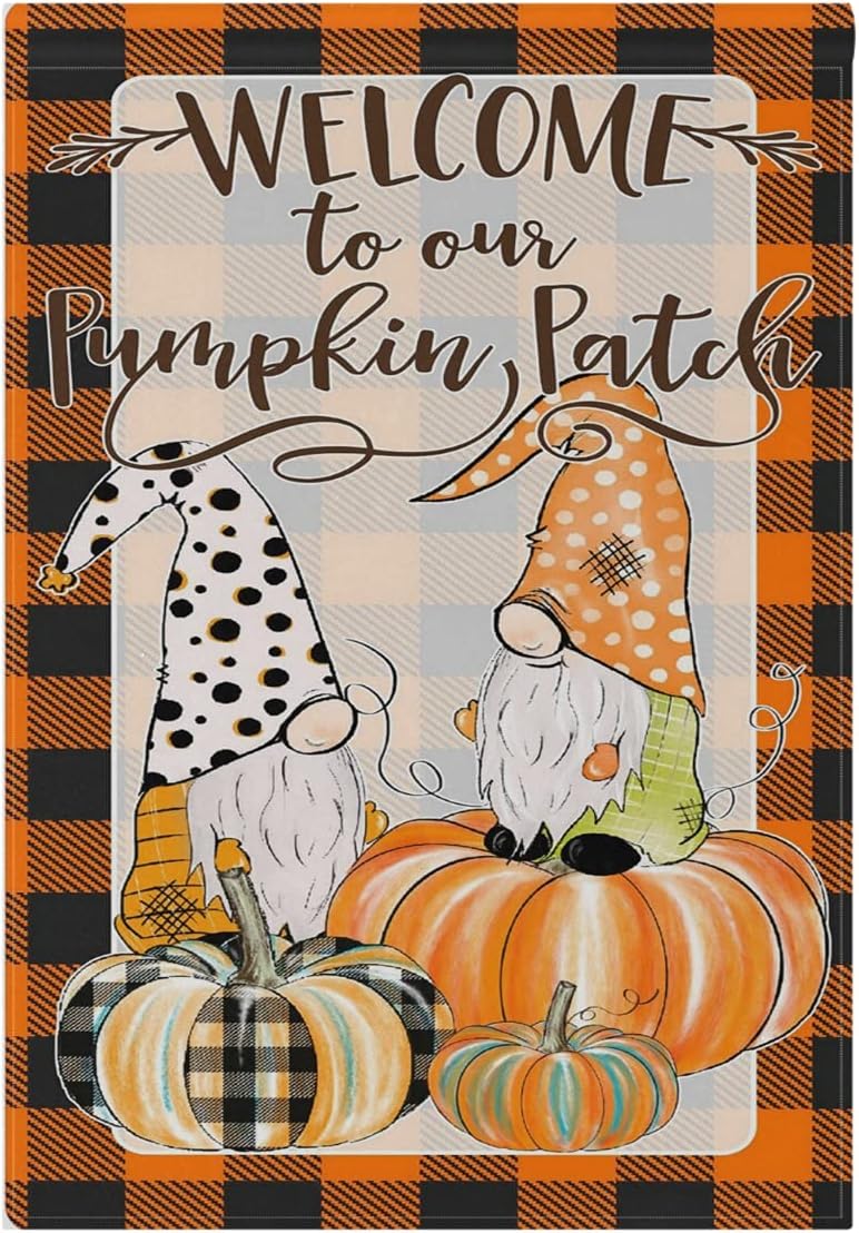 Wamika Fall Gnomes Garden Flag Farmhouse Autumn Buffalo Check Plaid Double Sided Flags 12" x 18" Welcome to Our Pumpkin Patch Sunflower Rustic Small Flag Banner Yard Outdoor Decoration Home Decor : Patio, Lawn & Garden