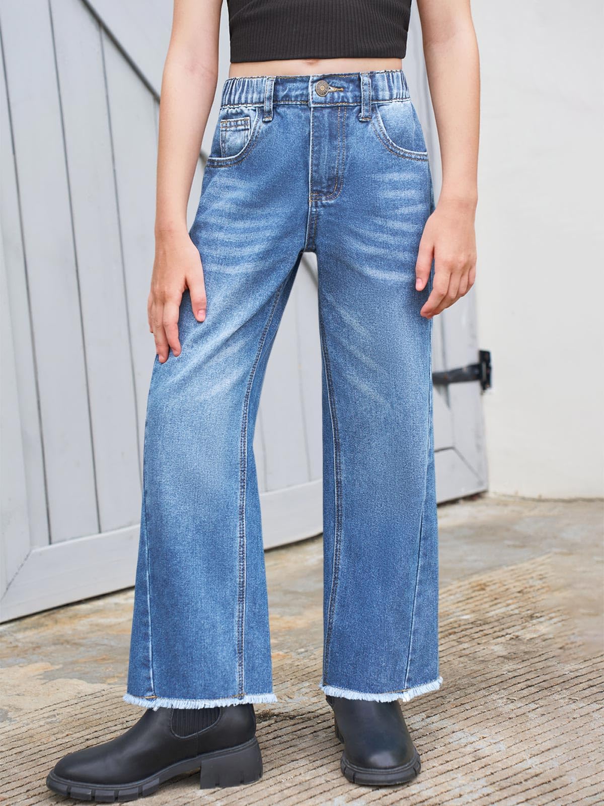 Haloumoning Jeans a gamba larga per bambine con tasche, 5-14 anni | Elastico a vita alta, orlo grezzo