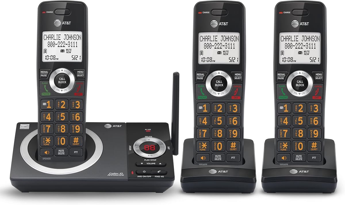 CL82319 Teléfono inalámbrico DECT 6.0 de 3 auriculares para el hogar con contestador automático, bloqueo de llamadas, anunciador de identificador de llamadas, intercomunicador y largo alcance, negro