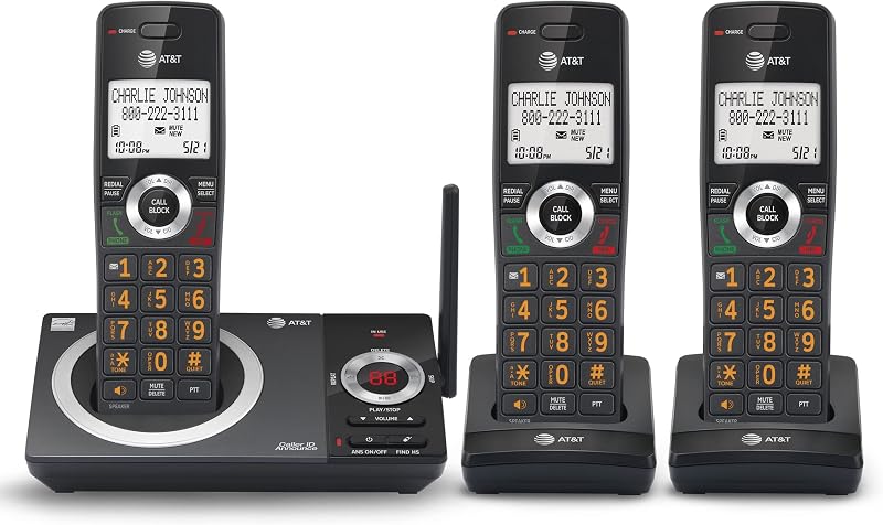 CL82319 Teléfono inalámbrico DECT 6.0 de 3 auriculares para el hogar con contestador automático, bloqueo de llamadas, anunciador de identificador de llamadas, intercomunicador y largo alcance, negro